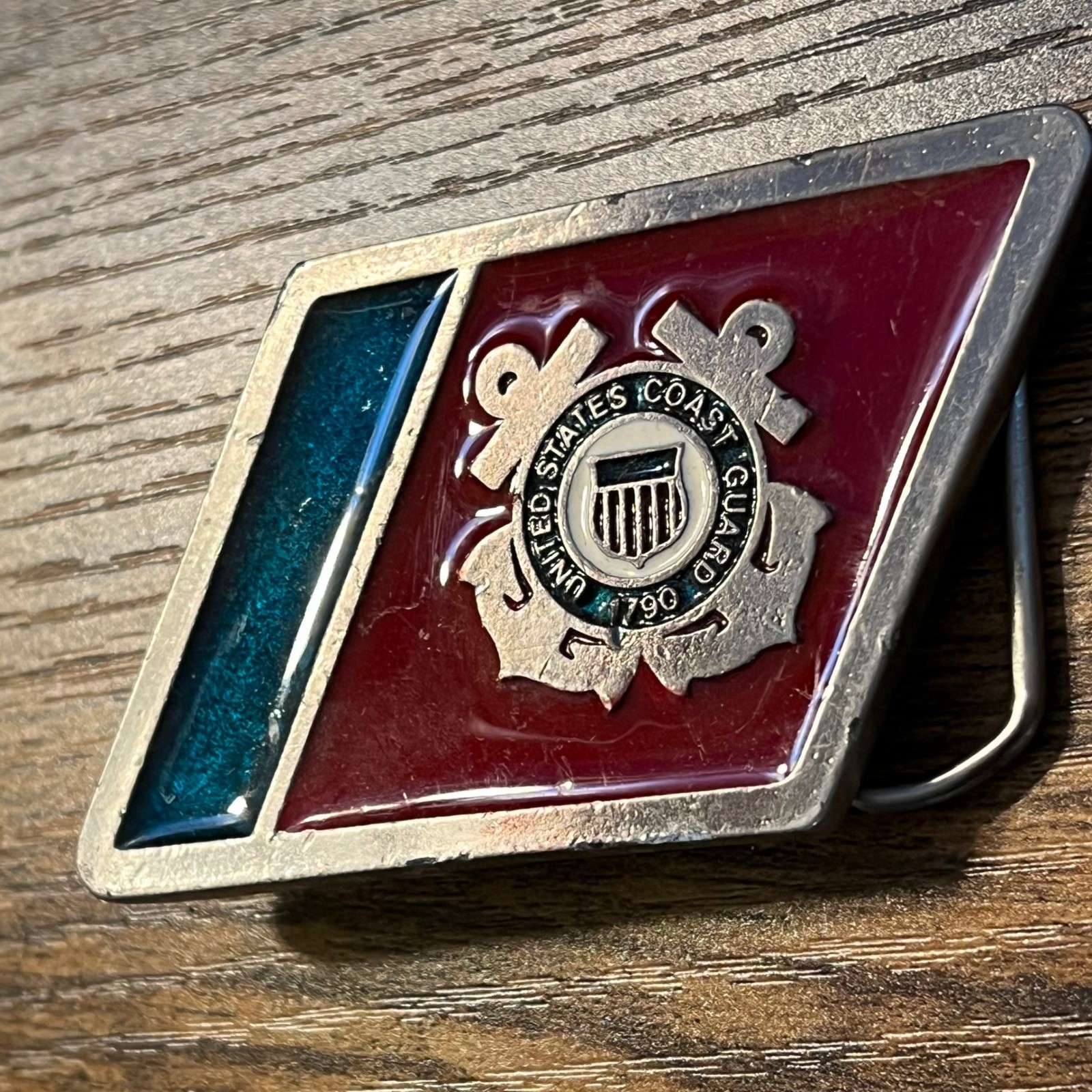 Vintage US Coast Guard Belt Buckle Red Blue Enamel USCG Military Emblem 2290 B20