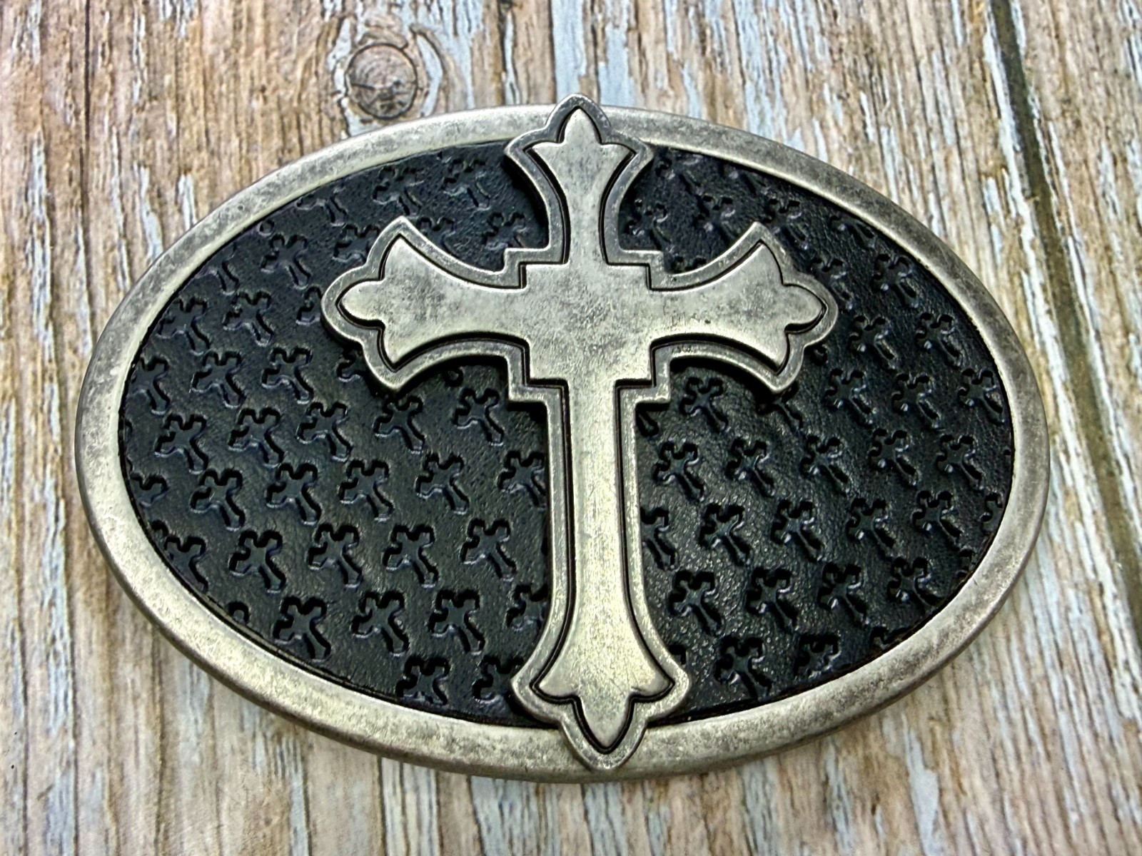Centered Iron Cross Religious Gothic Punk Vibe Faux Leather on Metal Belt Buckle