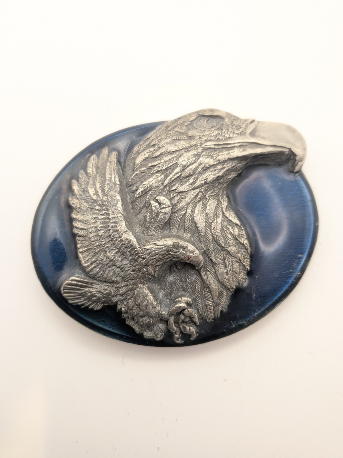 Vtg Eagle Blue Enamel Inlay Belt Buckle Pewter 3D Design Siskiyou 1990