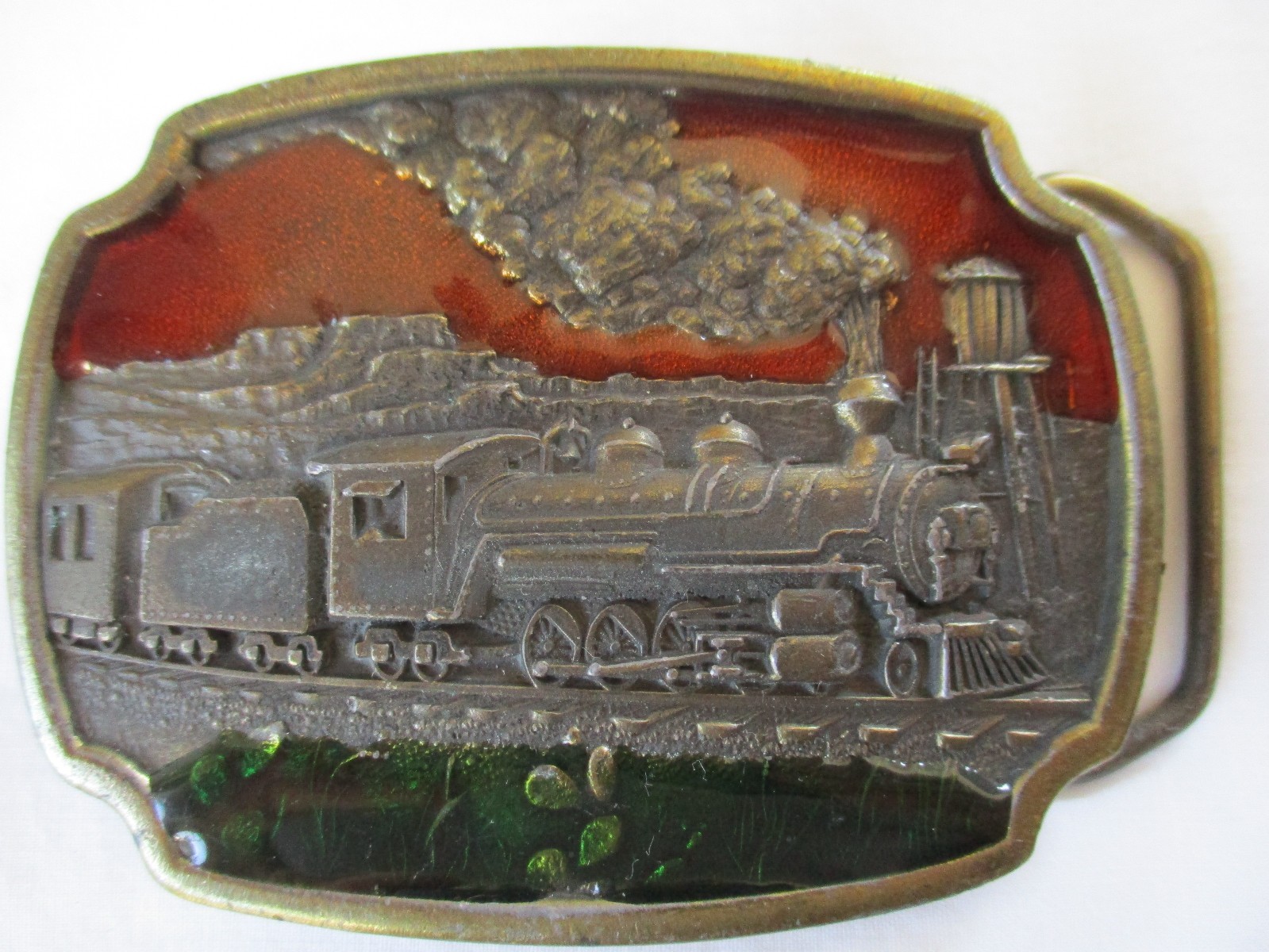 VINTAGE KOLEACO ENAMEL AND BRASS TRAIN BELT BUCKLE