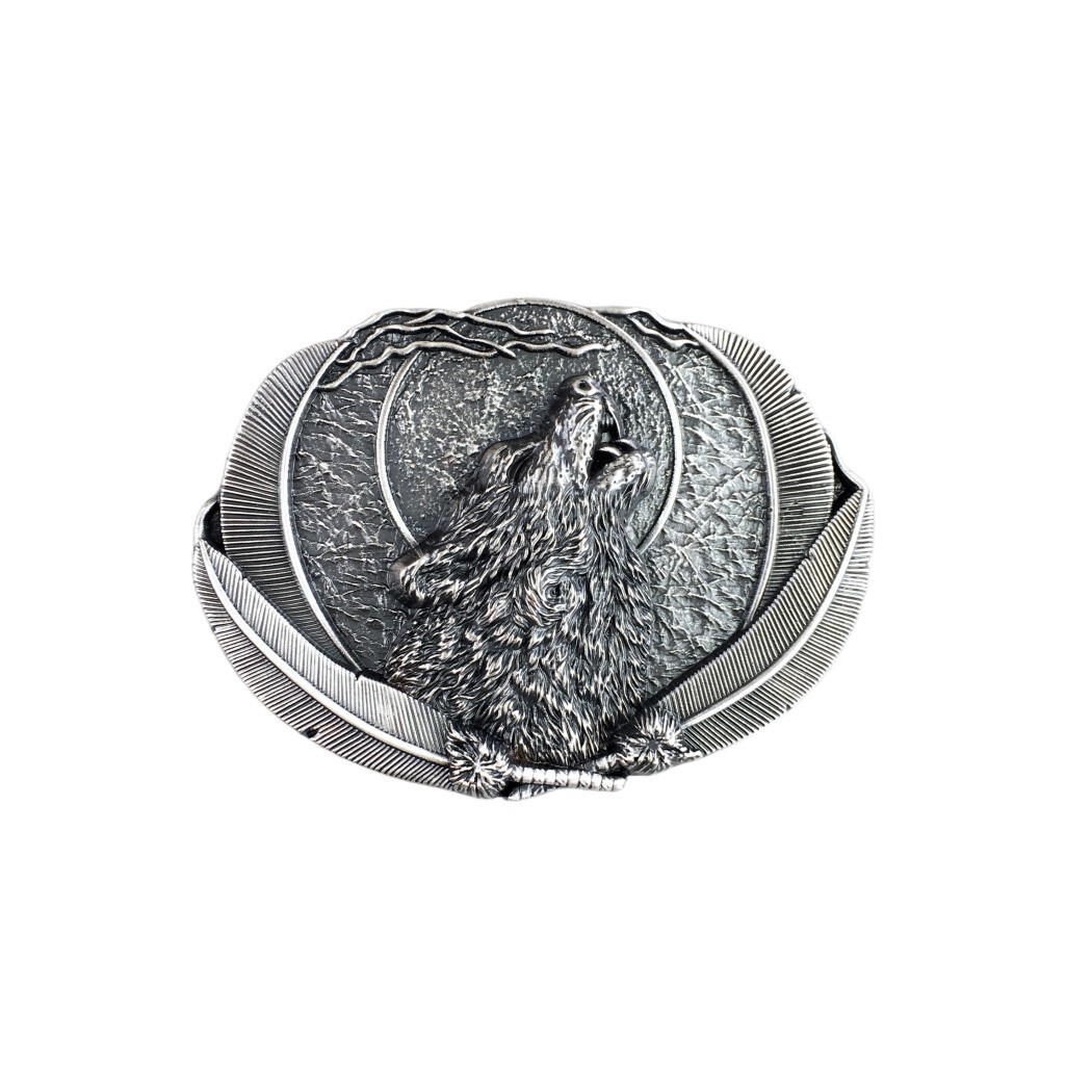 Vintage Silver Plated Western Moon Wolf Oval Belt Buckle Boucle de Ceinture