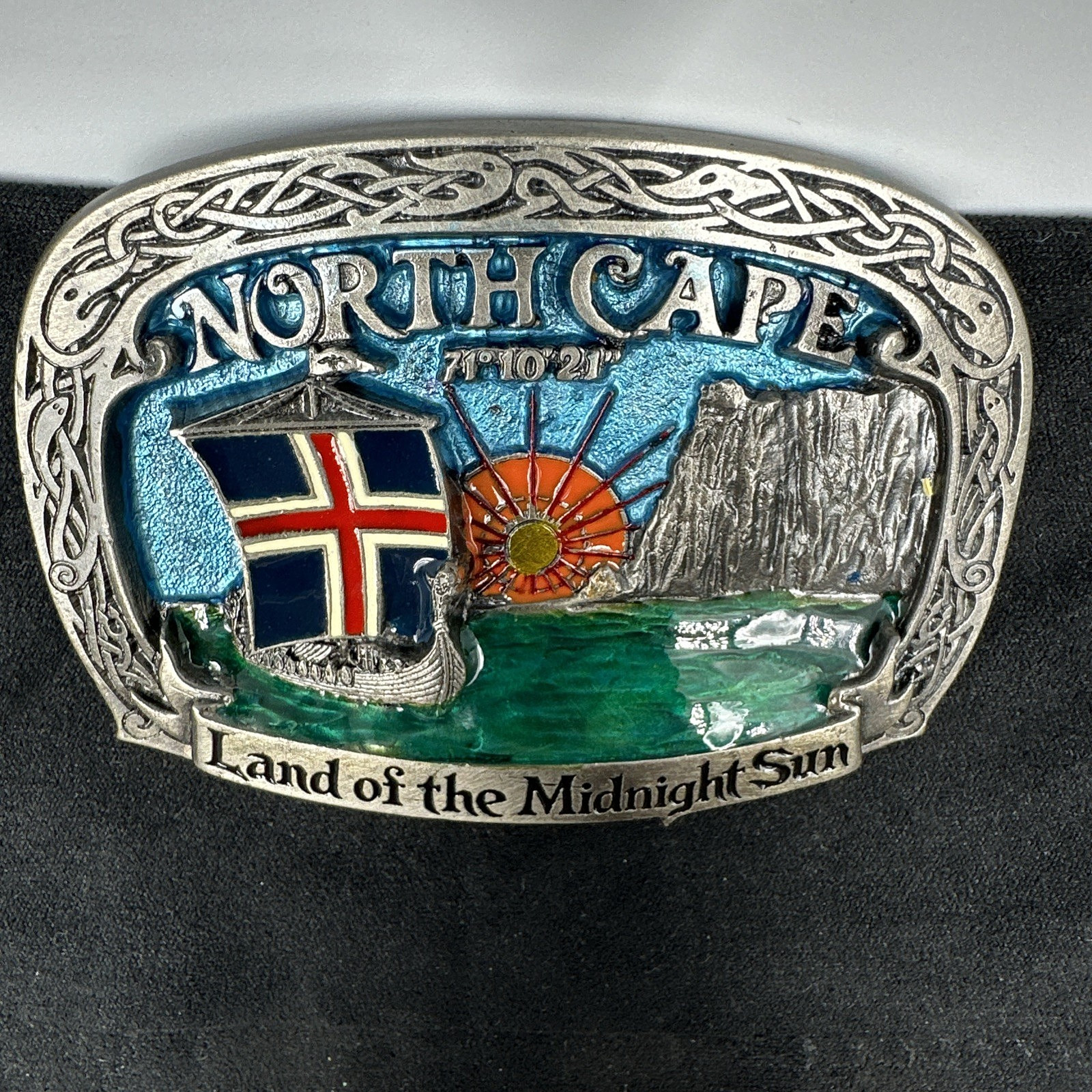Vtg Tor Nordhus Belt Buckle North Cape Viking Ship Land Midnight Sun Norway &rsquo;91