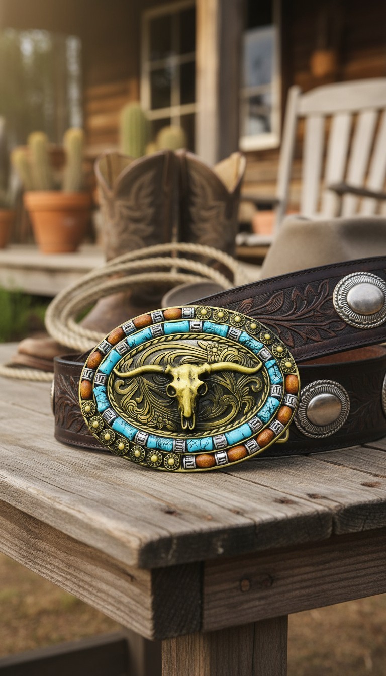 New Men Women Rusty Gold Metal Buckle Western Fashion Bull Long Horns Cow Texas