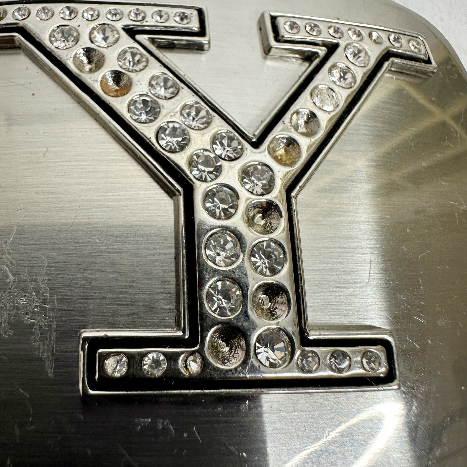 Rhinestone Studded Y Letter Initial Monogram Silver Tone Belt Buckle