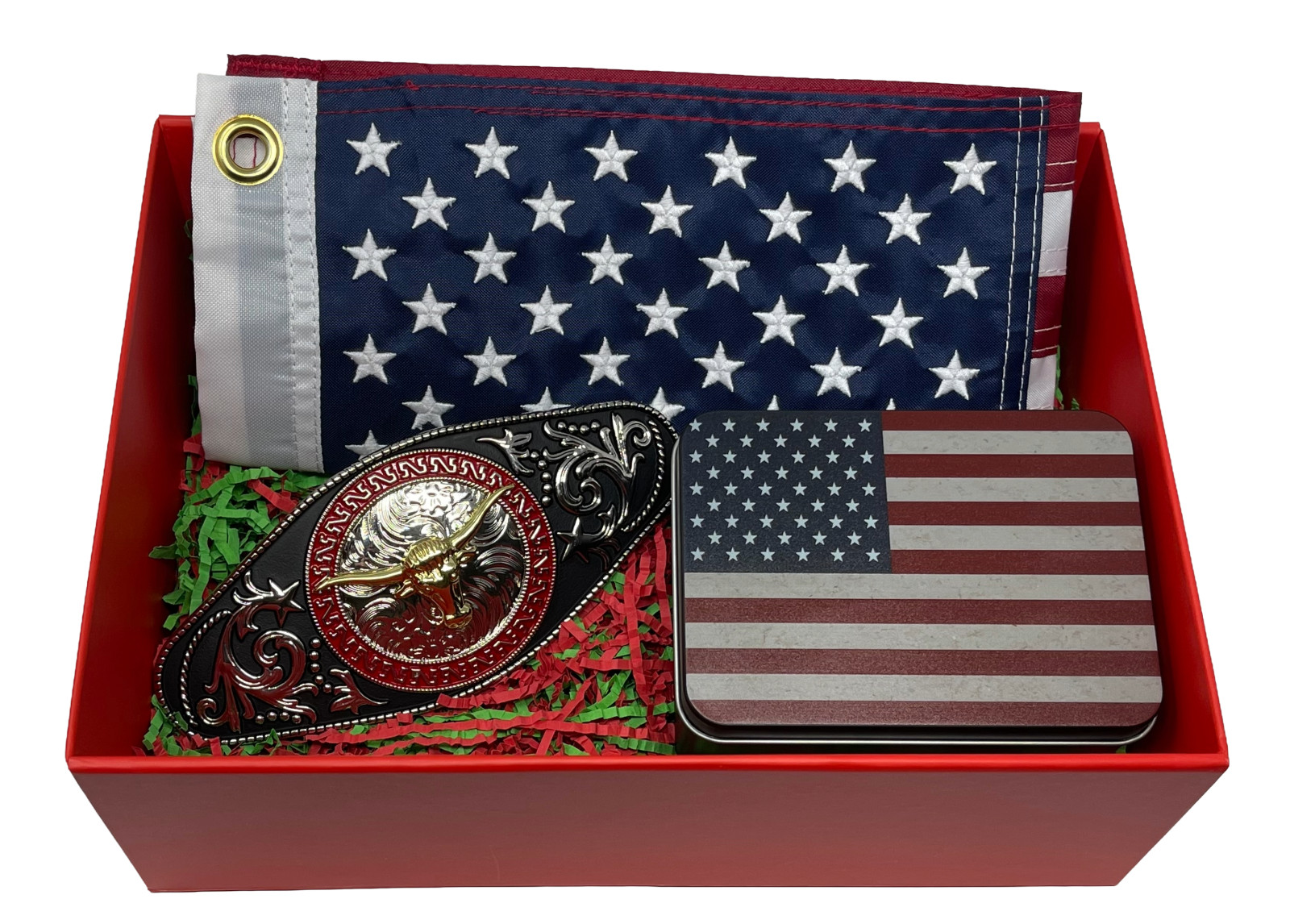 Western Belt Buckle Christmas Gift Set – Small American Flags – Patriotic Gifts