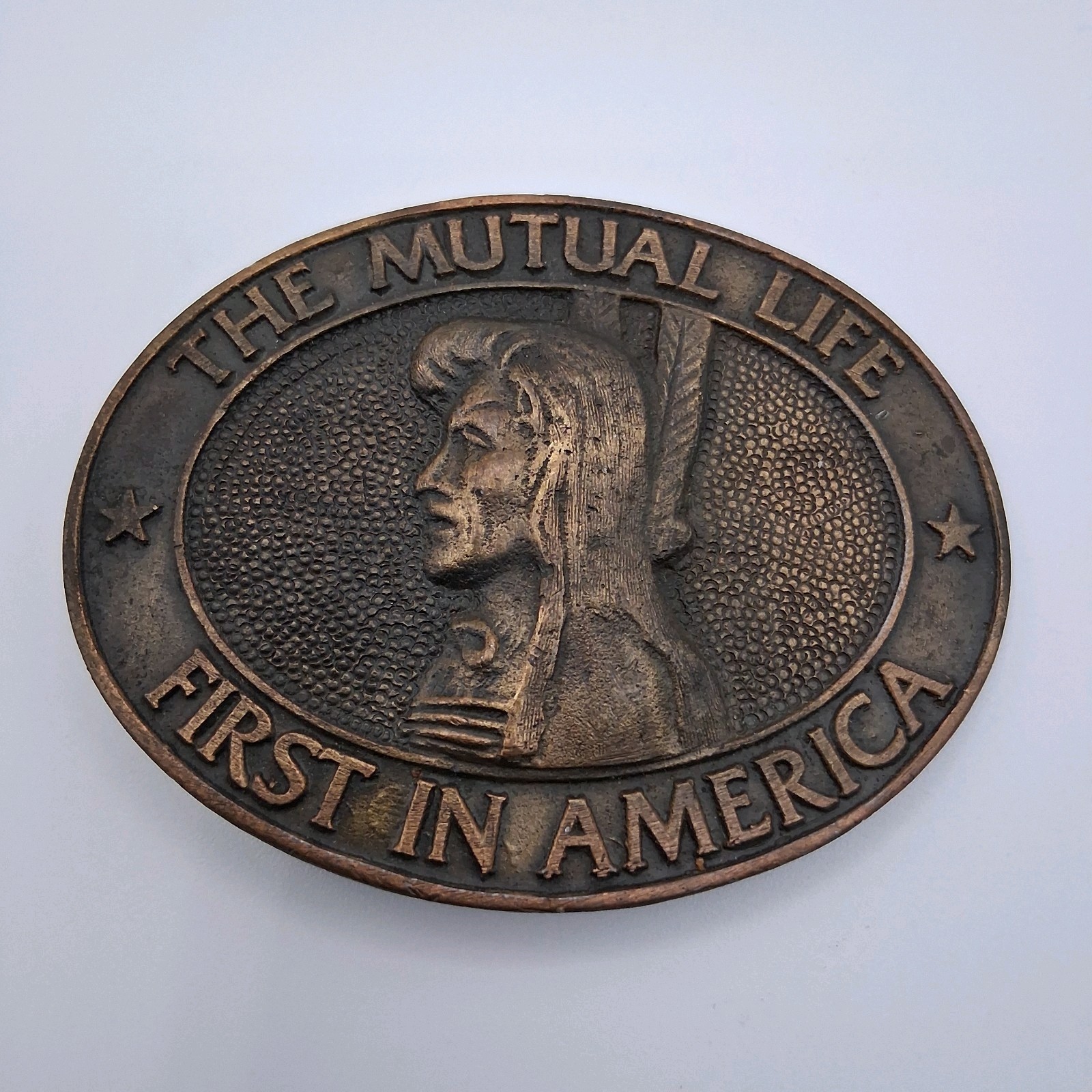 Vintage The Mutual Life First in America Insurance Advertising Metal Belt Buckle