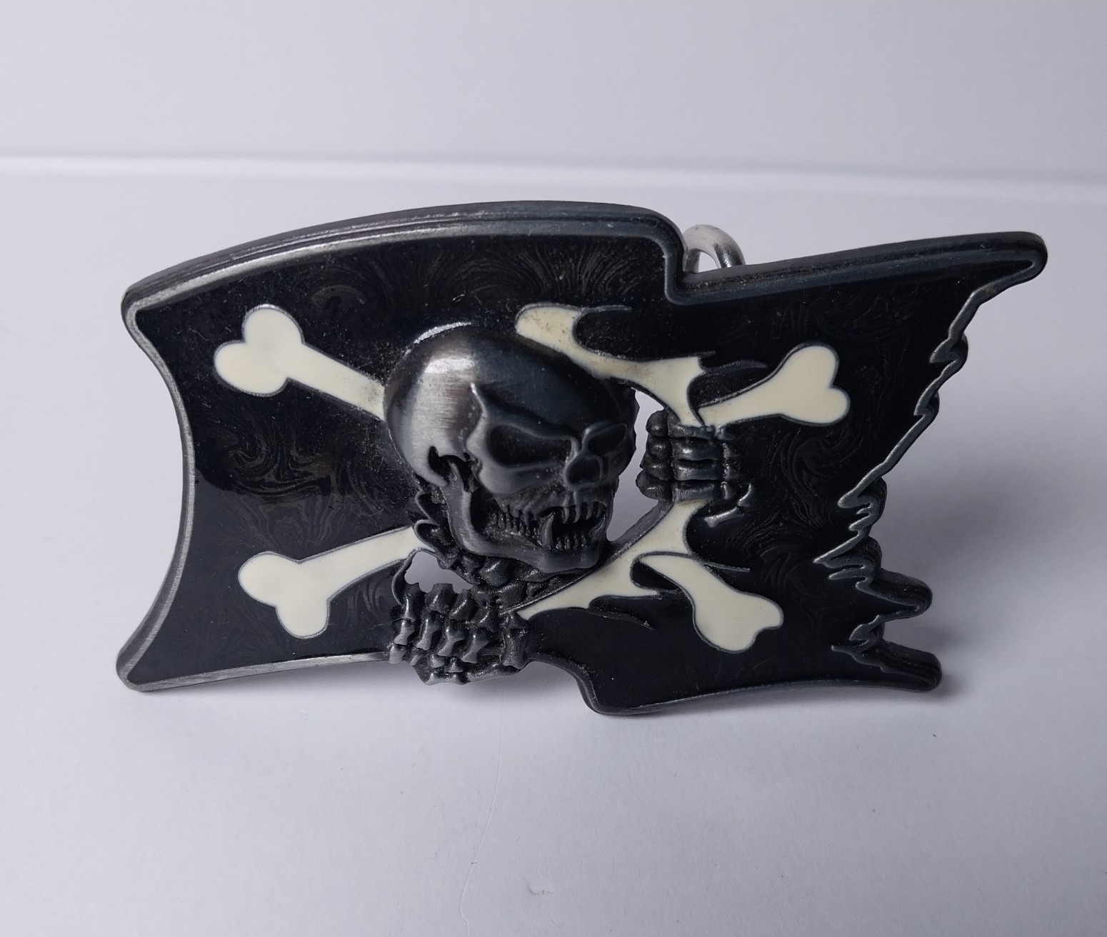 Jeans Friend Jolly Roger Skull Crossbones Pirate Flag Silver Tone Belt Buckle