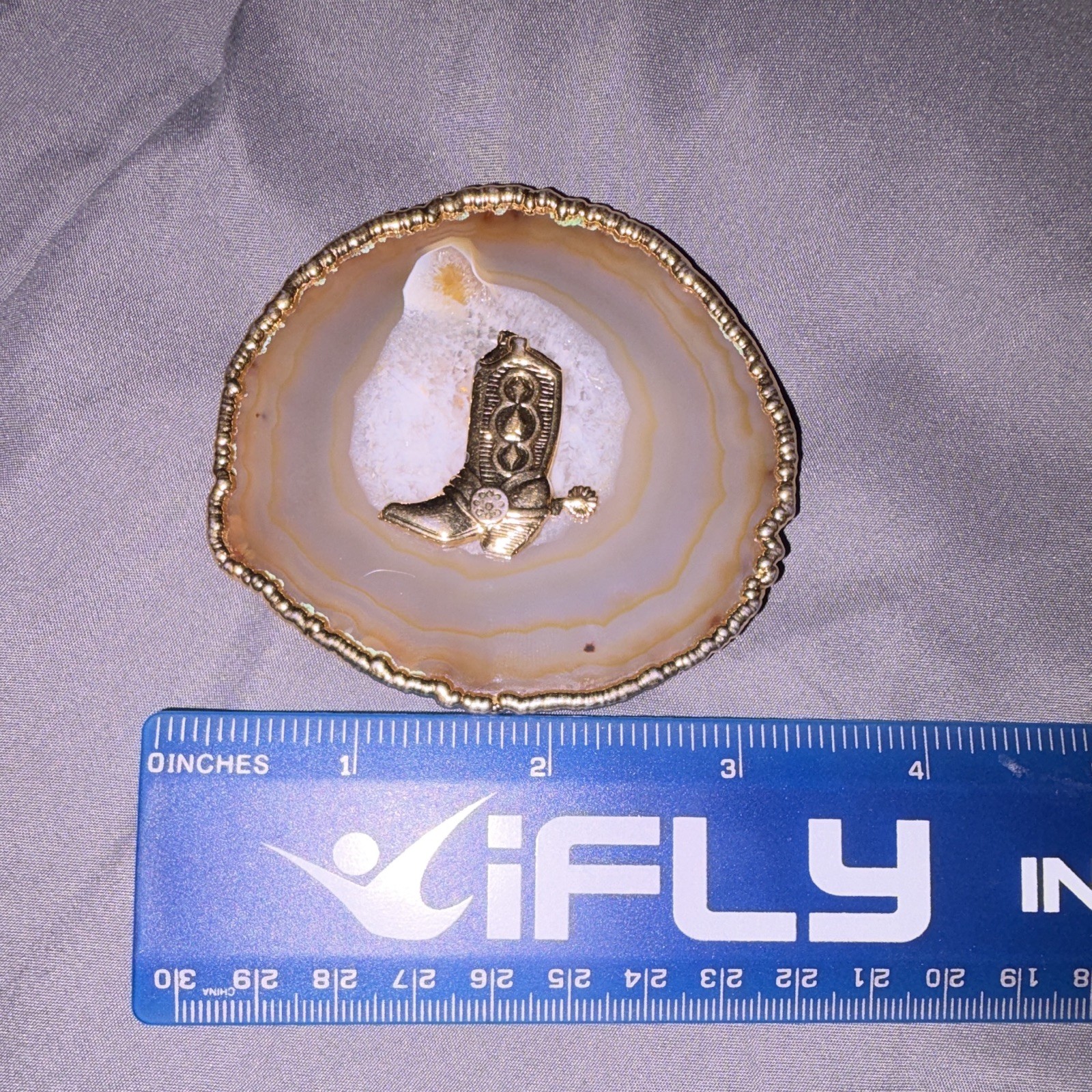 Vintage Agate Slice Belt Buckle Gold Tone Cowboy Western Boot Spur Geode Rock