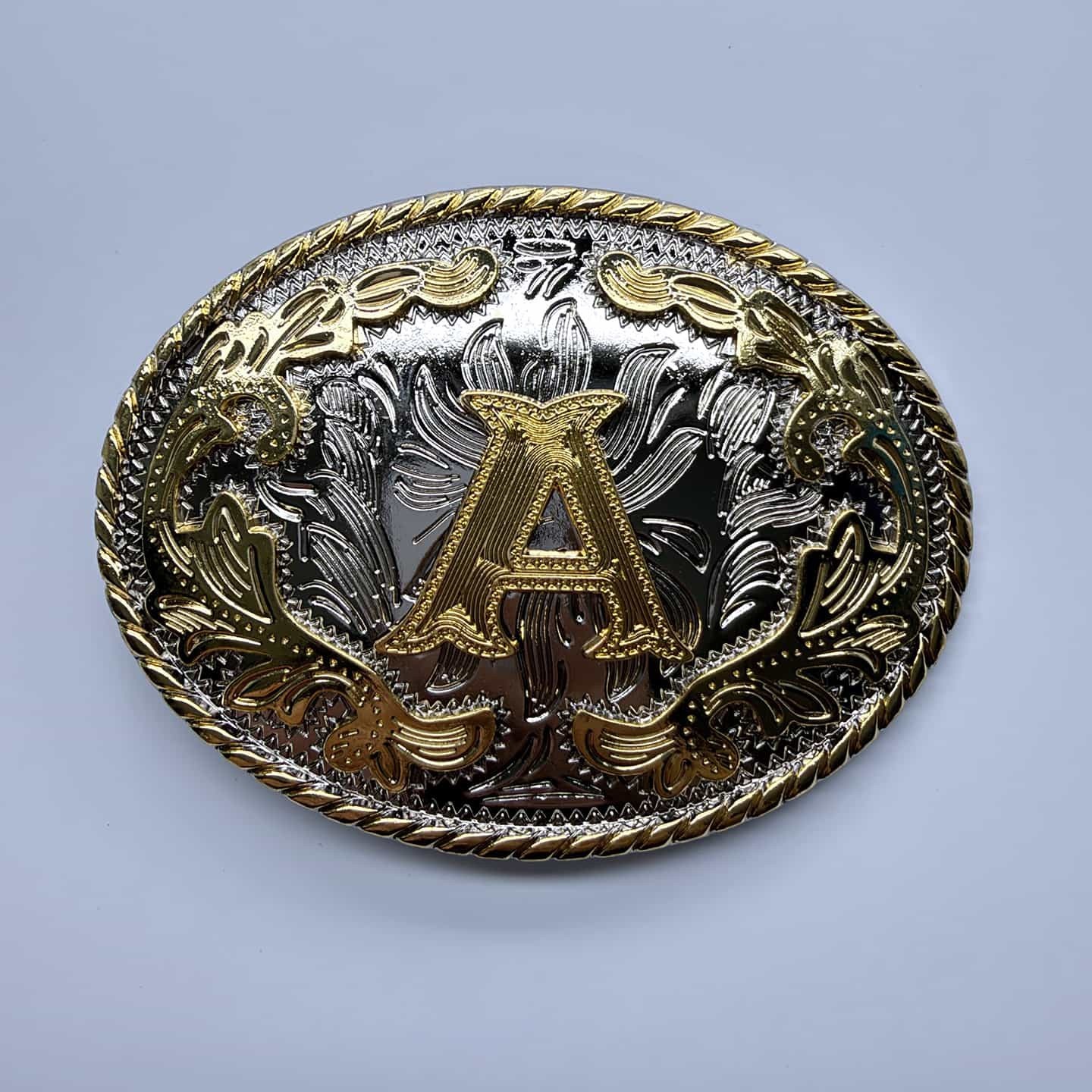 Bright Silver With Gold Initial Letter A-Z Cowboy Cowgirl Oval Belt Buckle