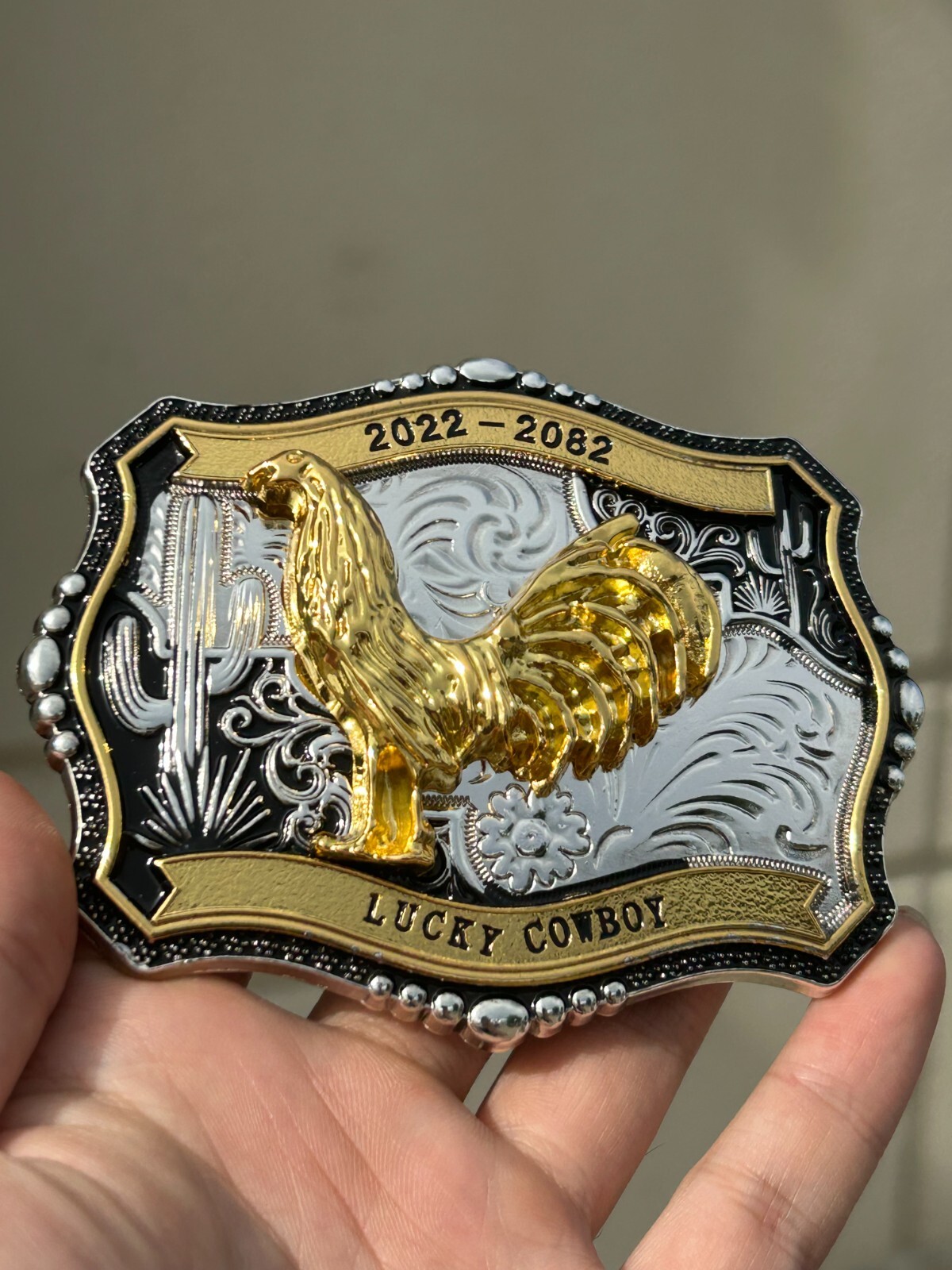 Western Buckle Gold Black Silver Rooster Cowboy 2 »Buckle Hebilla Vaquero Gallo