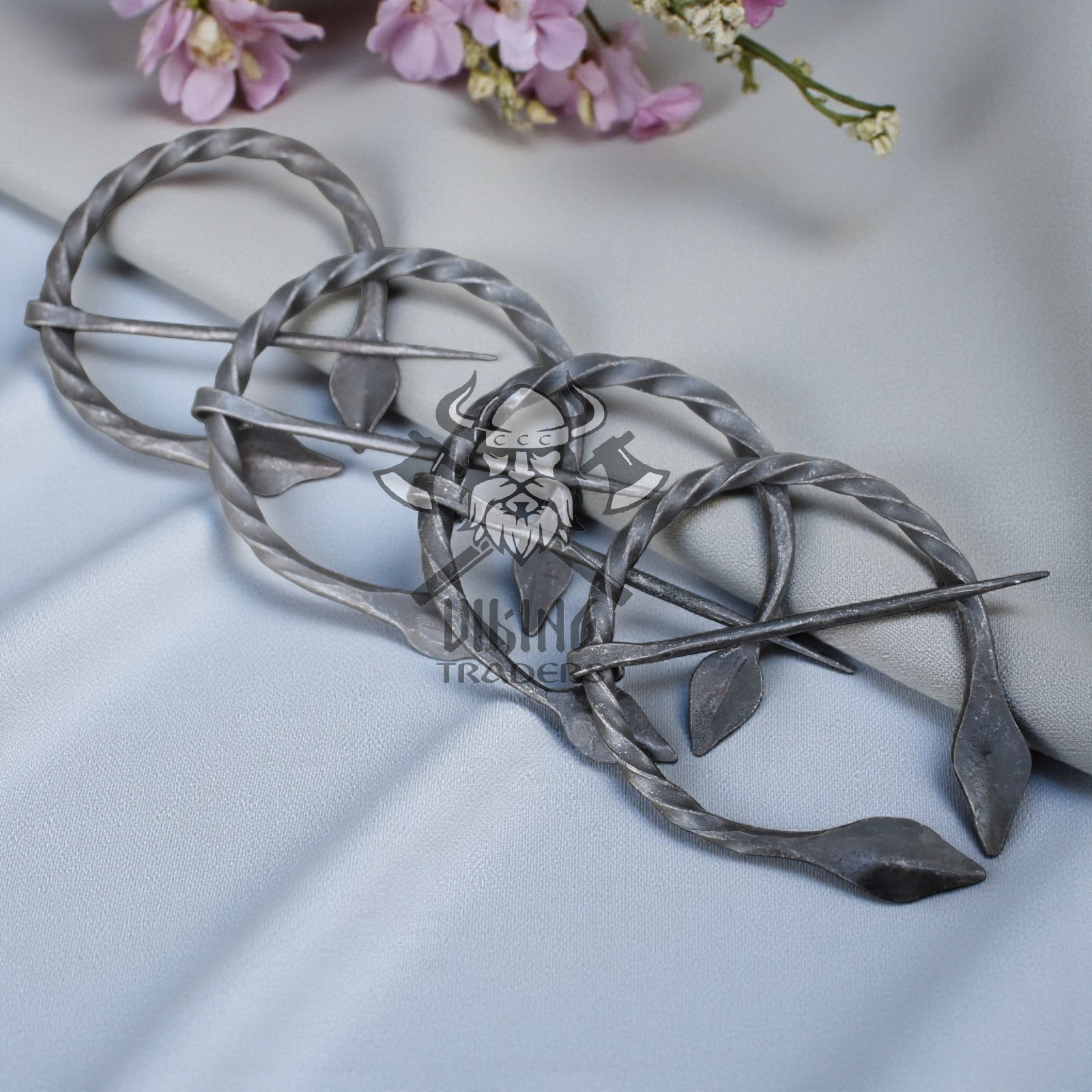 Hand-Forged Medieval Viking Iron Brooch Leaf Design Cloak Pin ( Set of 4)