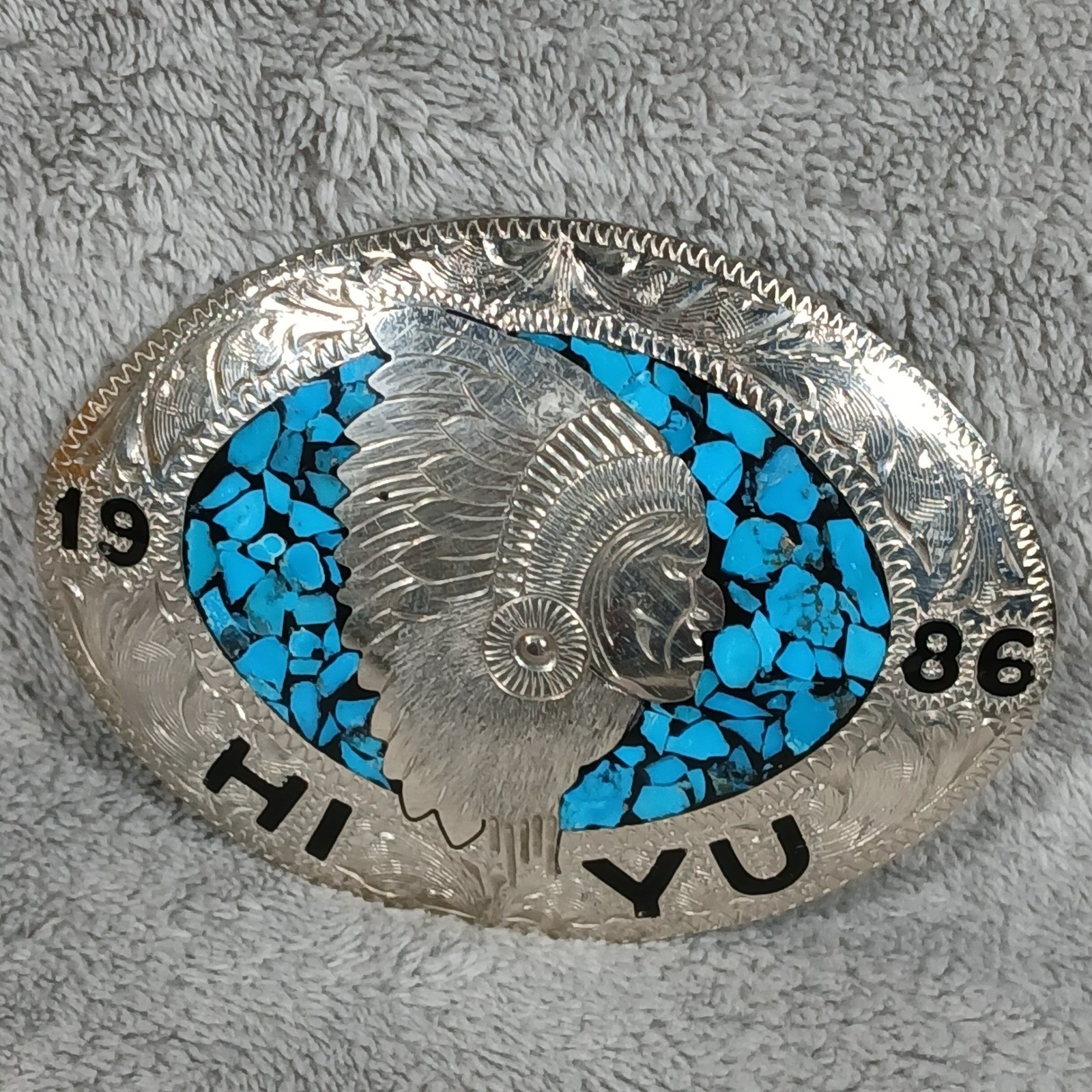 Vintage 1986 HI YU Native American Chief Turquoise Chip Inlay Belt Buckle
