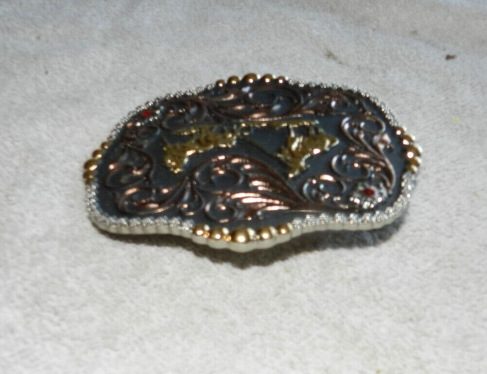 Montana Silversmiths Western Buckle Scalloped Team Roper Black Inlaid Multicolor