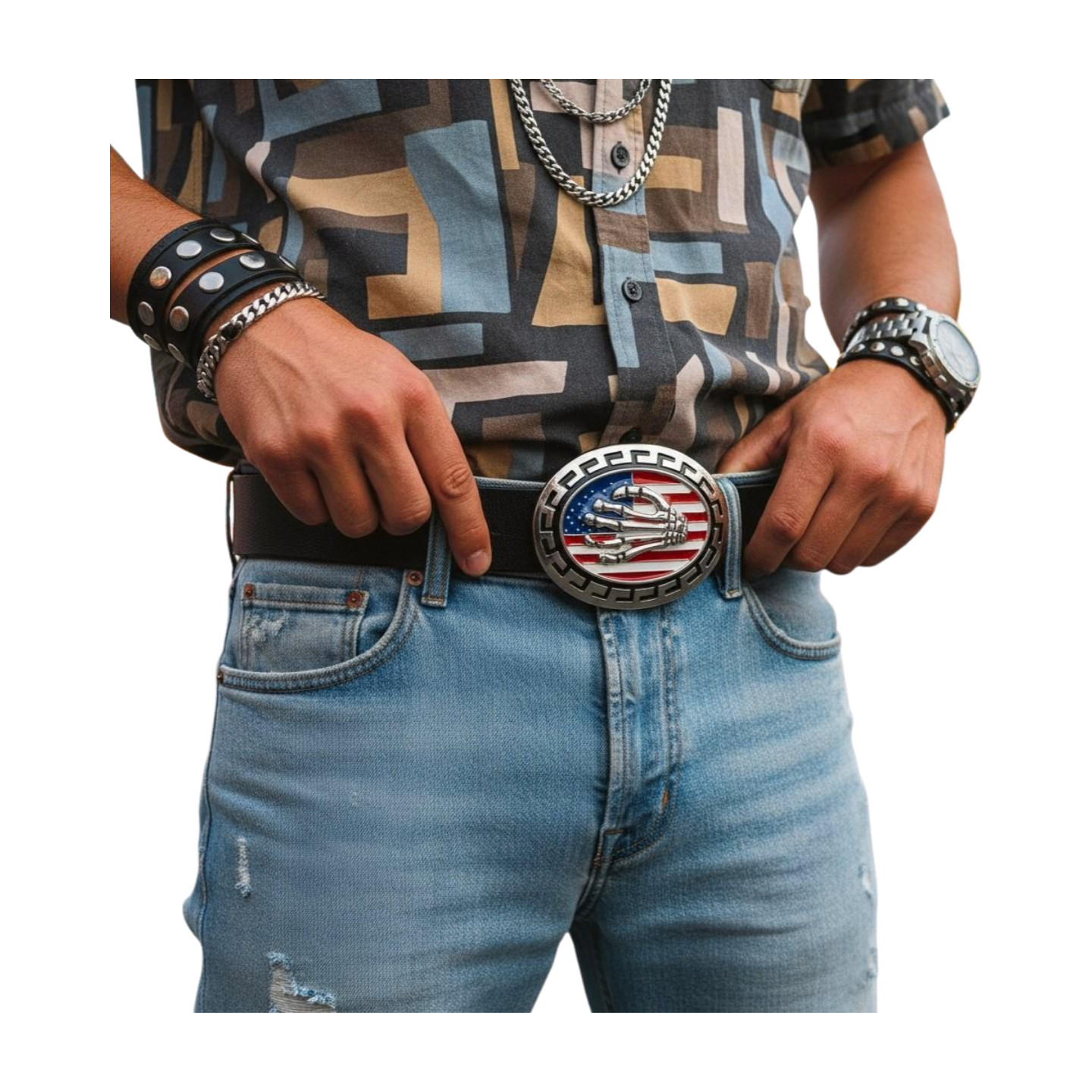 Men Women Silver Metal Belt Buckle Skull Skeleton Fingers Bones Hand USA Flag