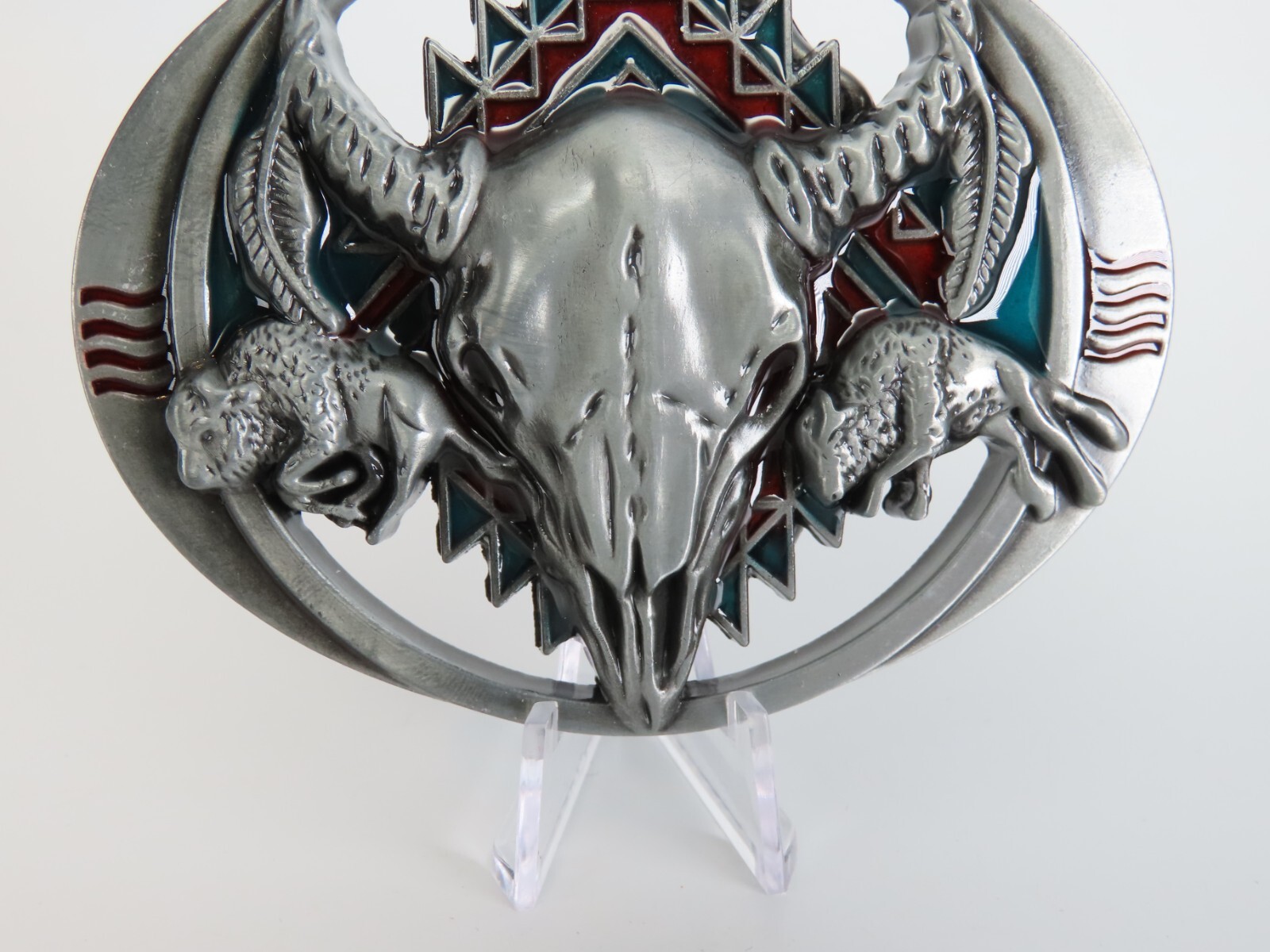 New Raised Steer Skull Belt Buckle Enameled South Western Metal Pewter Tone