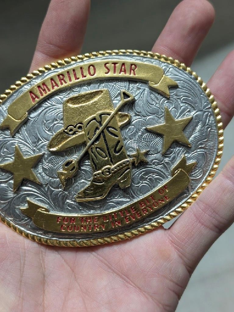 vintage WESTERN belt buckle AMARILLO STAR creative casting COWBOY rodeo ENGRAVED