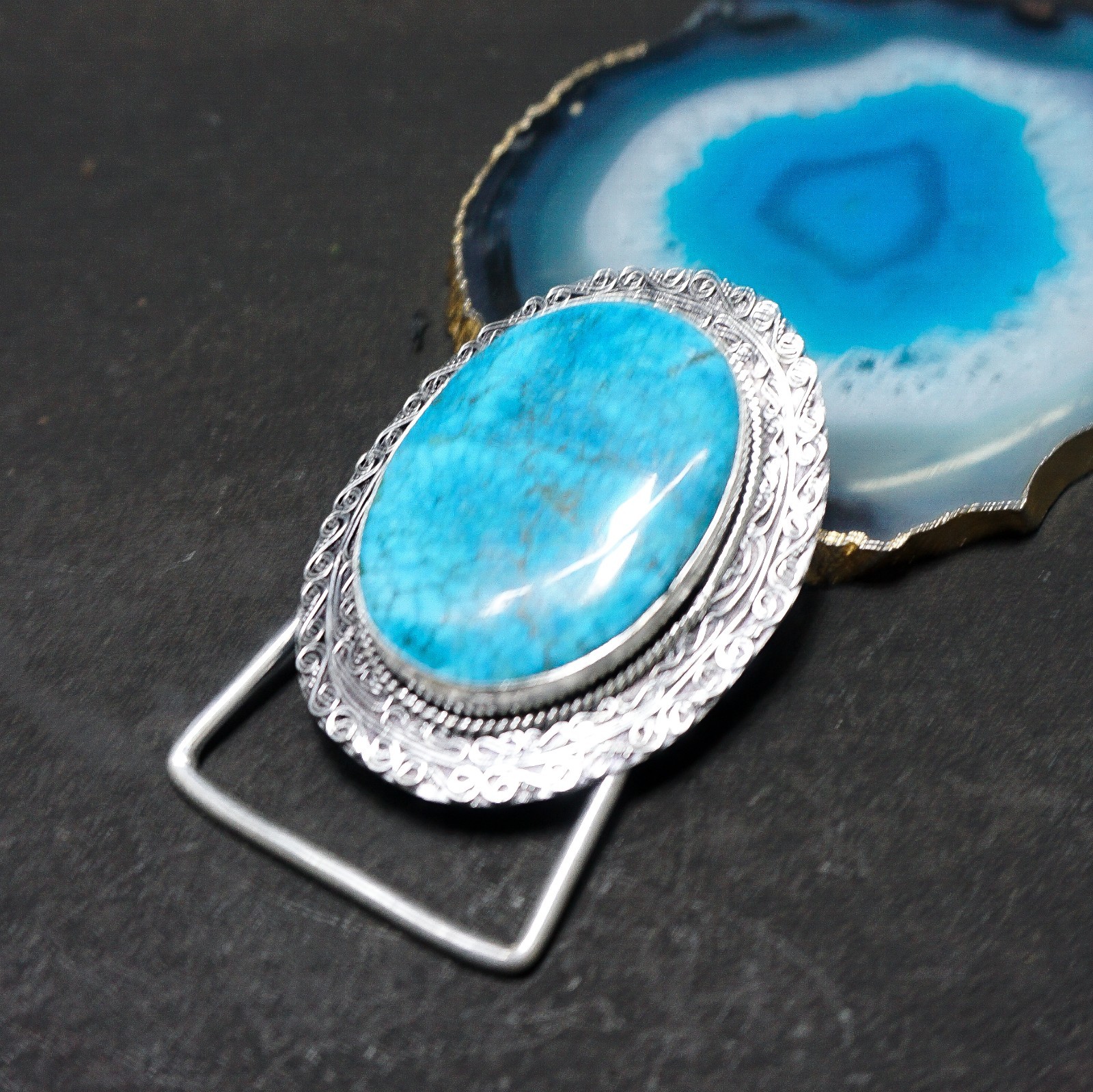 Handmade Silver Plated Belt Buckle with Natural Turquoise Stone- Western Vintage