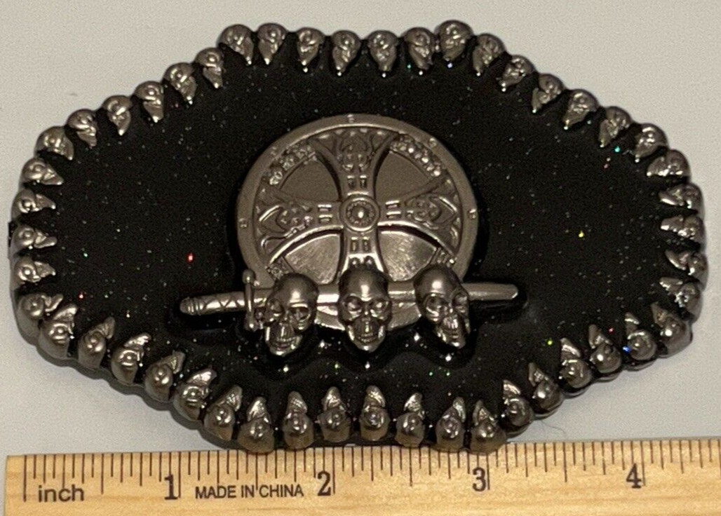 Skull Skeleton Head Metal Belt Buckle Biker Style Silver Tone Claws Cross Gothic