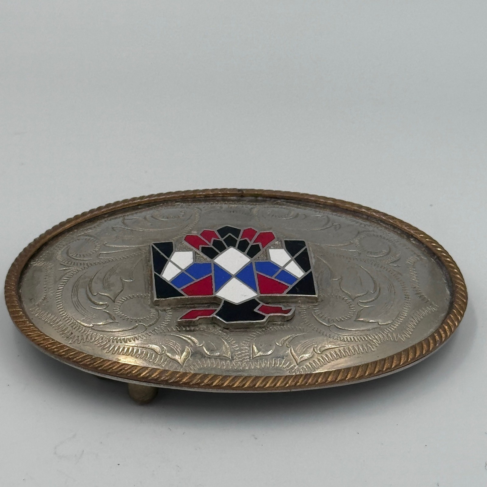 Vintage German Silver Thunderbird Belt Buckle Western Enamel Floral Engraved