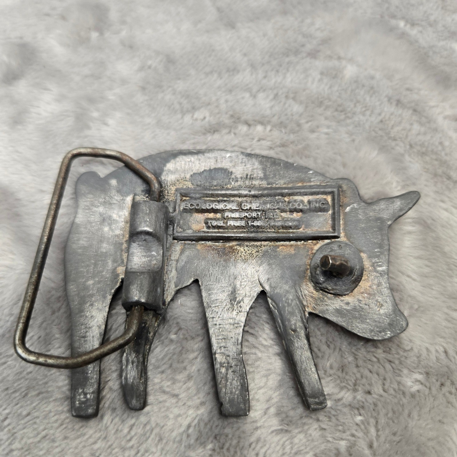 Vintage Ecological Chemical Co Pig Belt Buckle Pewter Tone Animal Freeport NY