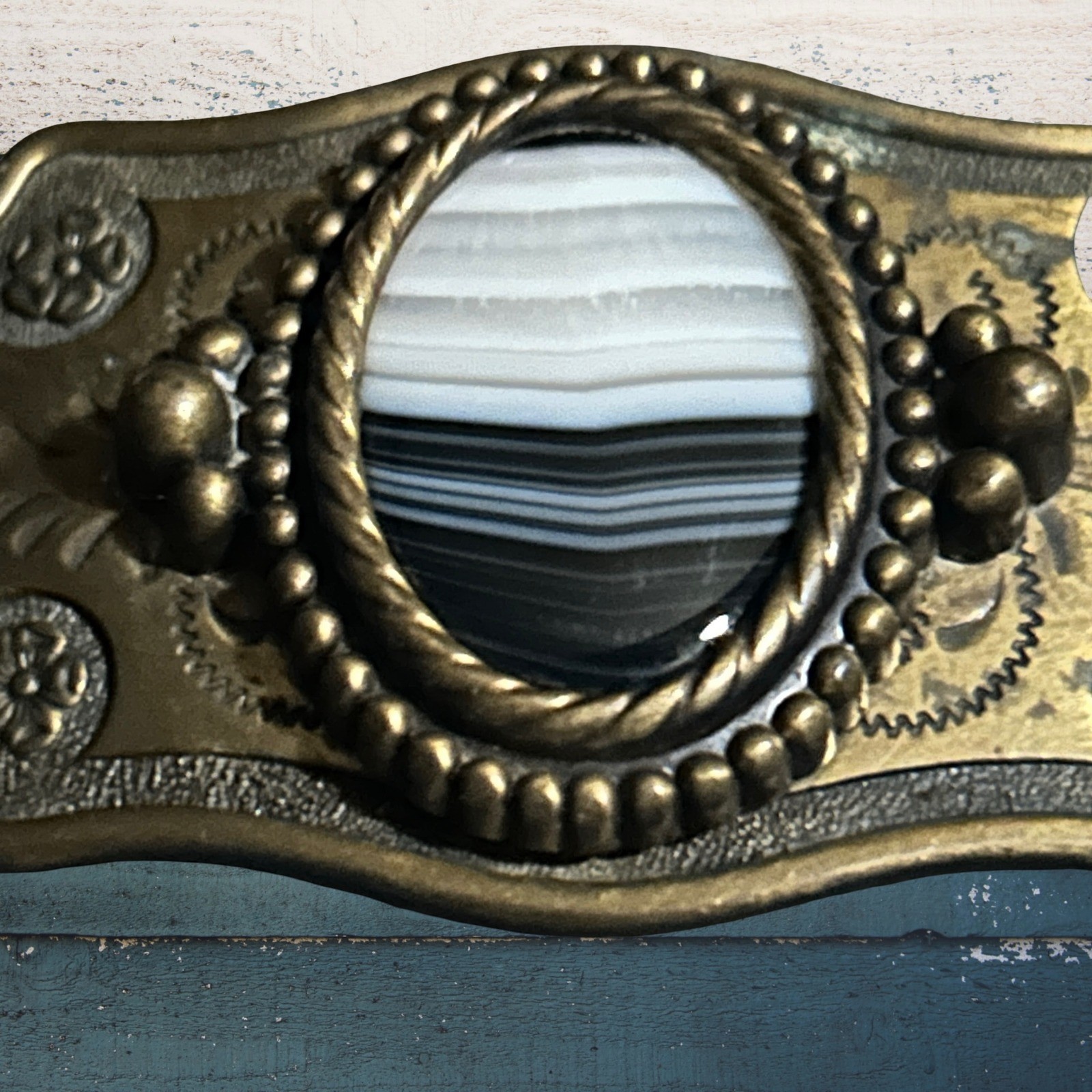 Vtg Western Brass Belt Buckle Banded Agate Stone Cabochon Scrollwork Cowboy Boho