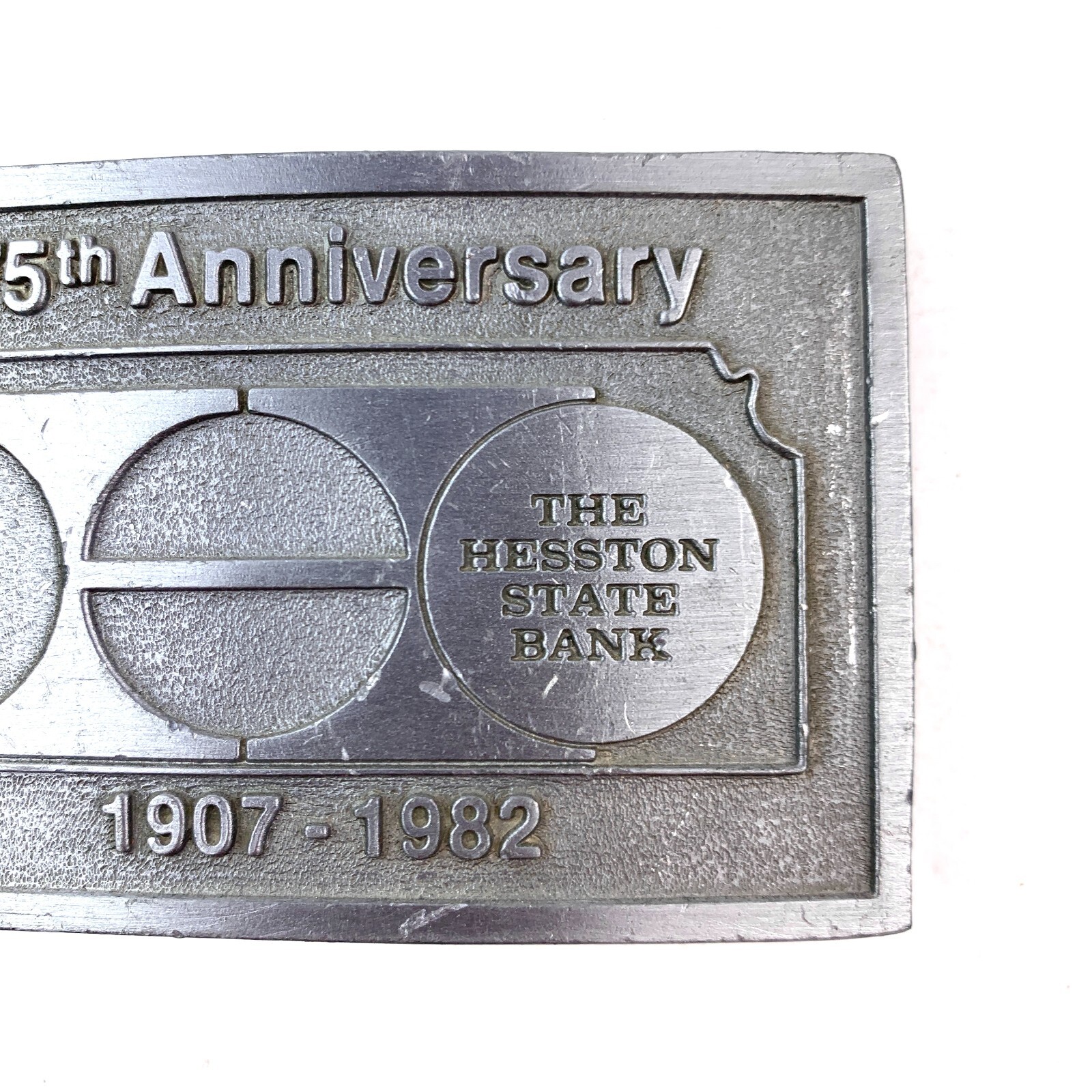 The Hesston State Bank 75th Anniversary Metal Belt Buckle 1907-1982