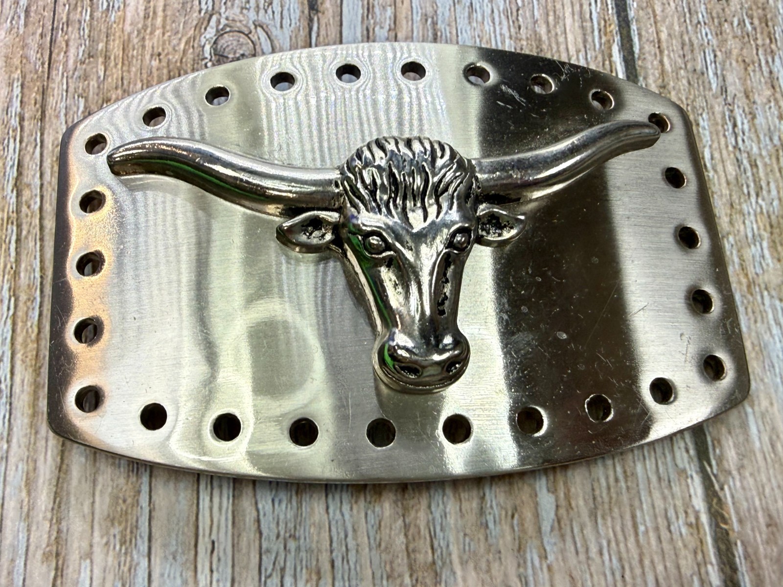 Longhorn Steer Skull Raised Silver Tone Large Belt Buckle With Hole Border