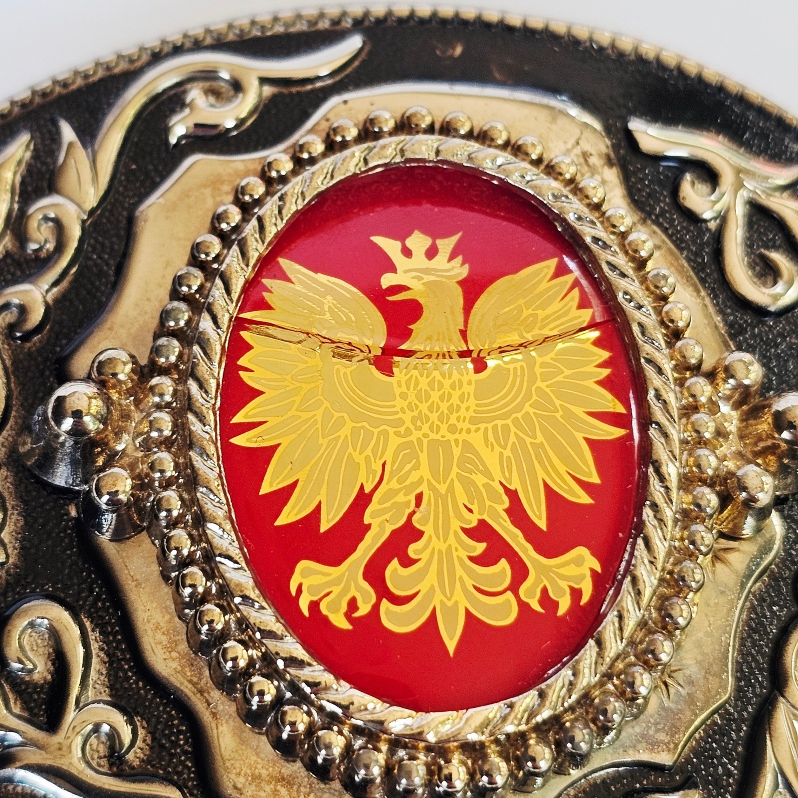 Vintage Polish Plate Style Steel Belt Buckle Austrian Slavic Eagle Gold Heraldic