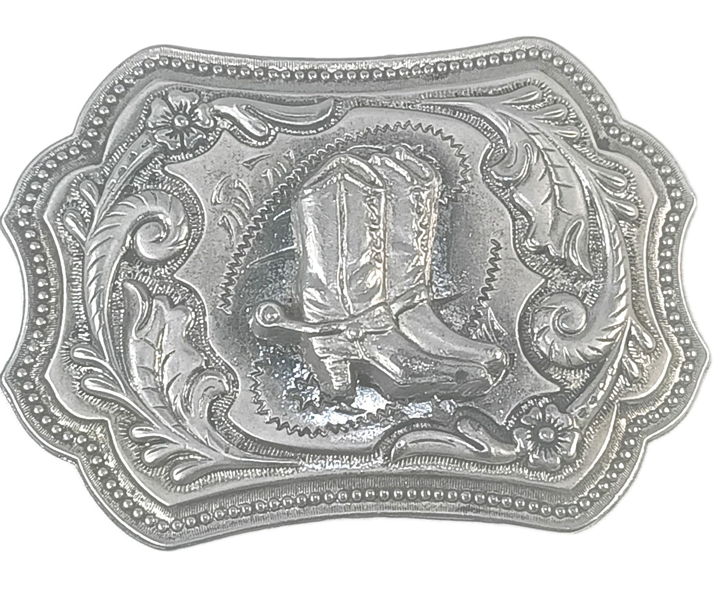 Vintage Western Silver Tone Belt Buckle Engraved Cowboy Saddle Motif 1-1/2&Prime; Belt