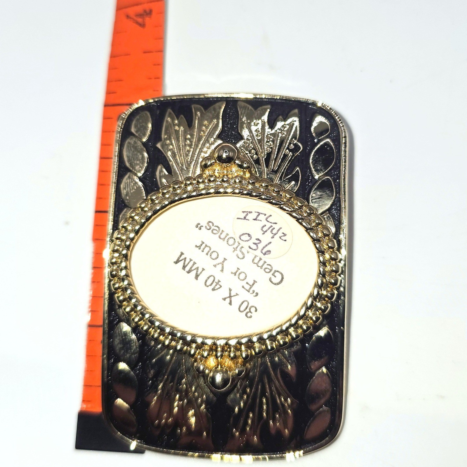 Vintage Goldt Tone Western Belt Buckle Blank Black Filigree Scrollwork 30x40mm