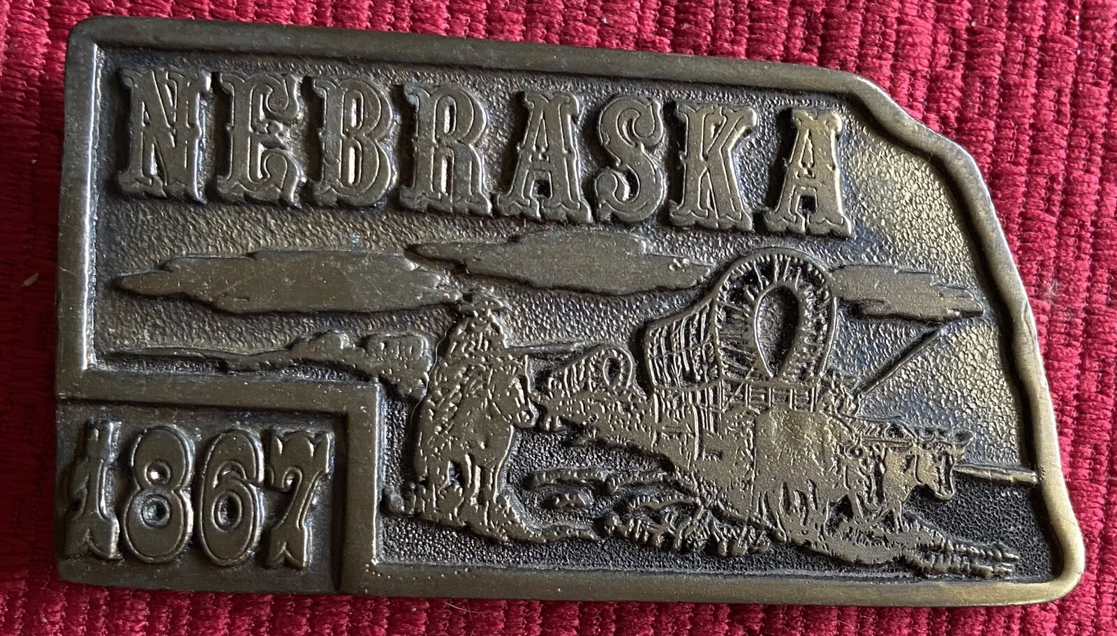 NEBRASKA 1867 VINTAGE BELT BUCKLE COVERED WAGON HORSE OXEN AMERICAN PIONEER 1975