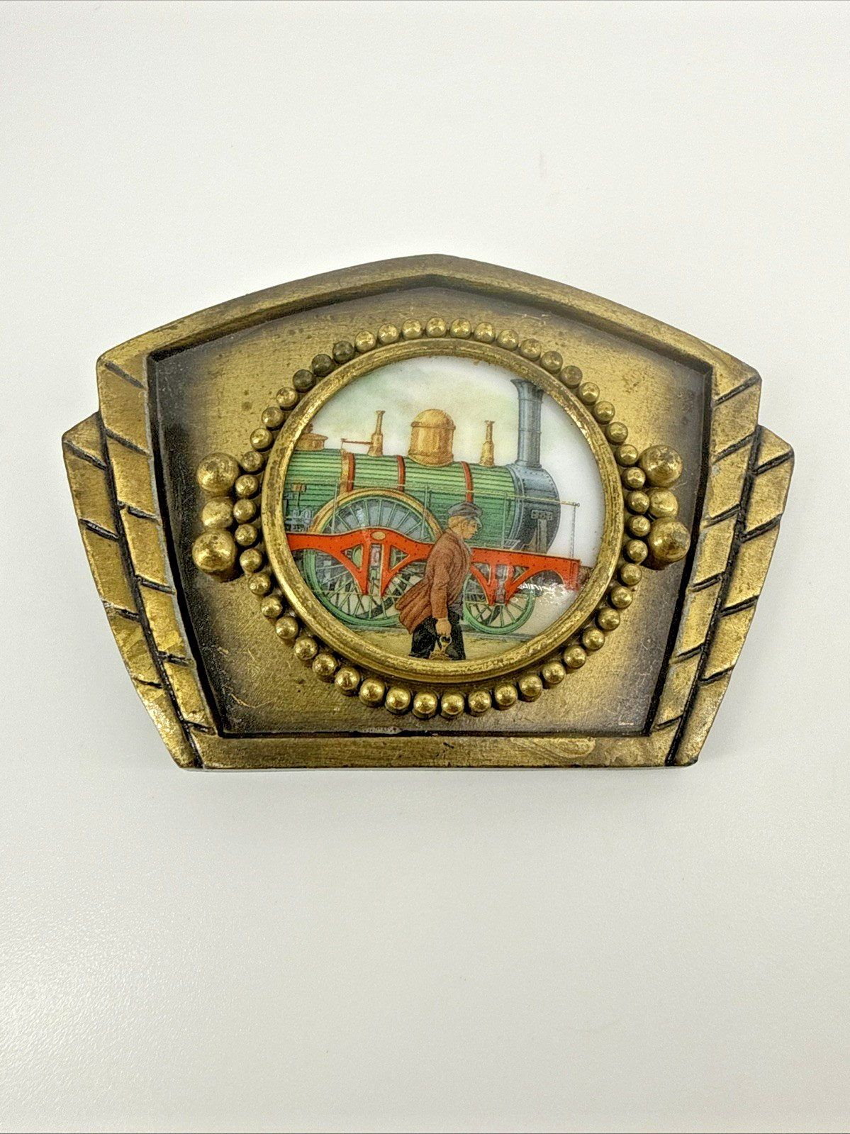 Vintage Railroad Metal Locomotive Belt Buckle Ceramic Inlay Train Collectible