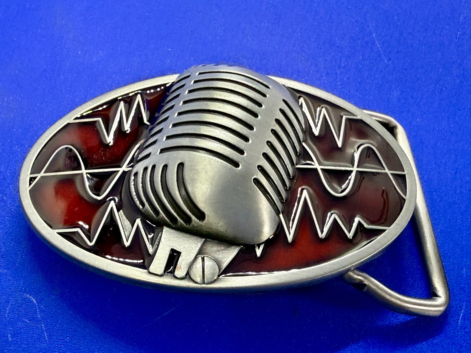Retro Music Elvis Style Microphone Red Enameled Musician Ribbon Mic Belt Buckle
