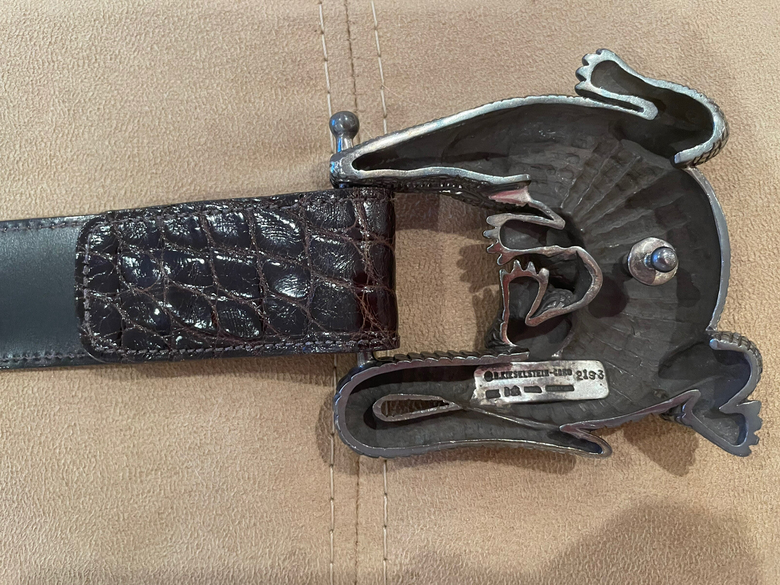 HUGE!! Kieselstein-Cord Sterling Alligator Buckle Brown Alligator Belt Size 2