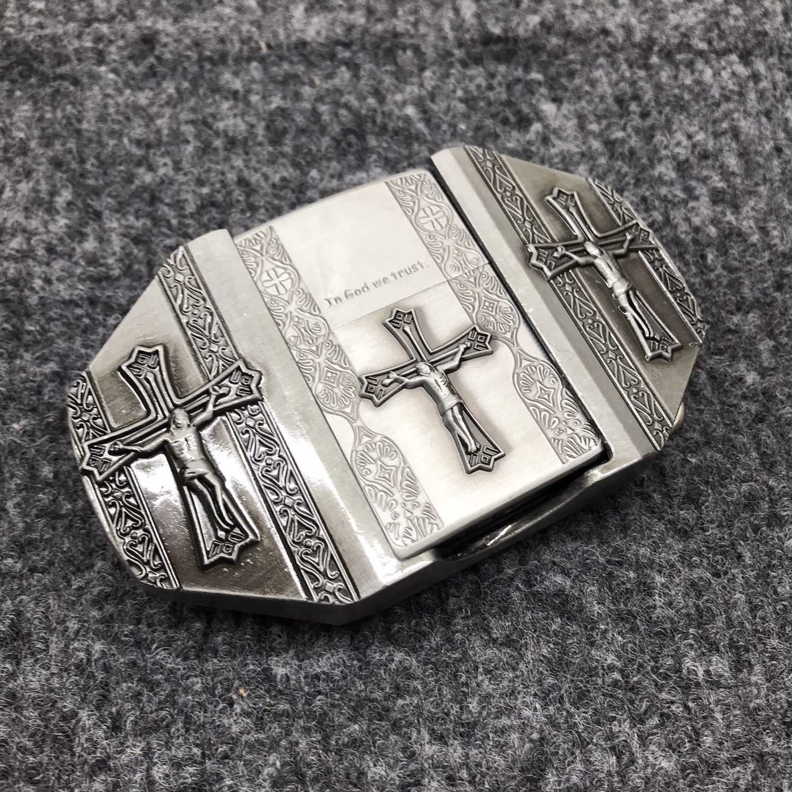 Antique Brushed In God we Trust Cross Belt Buckle with Lighter, Stock in US