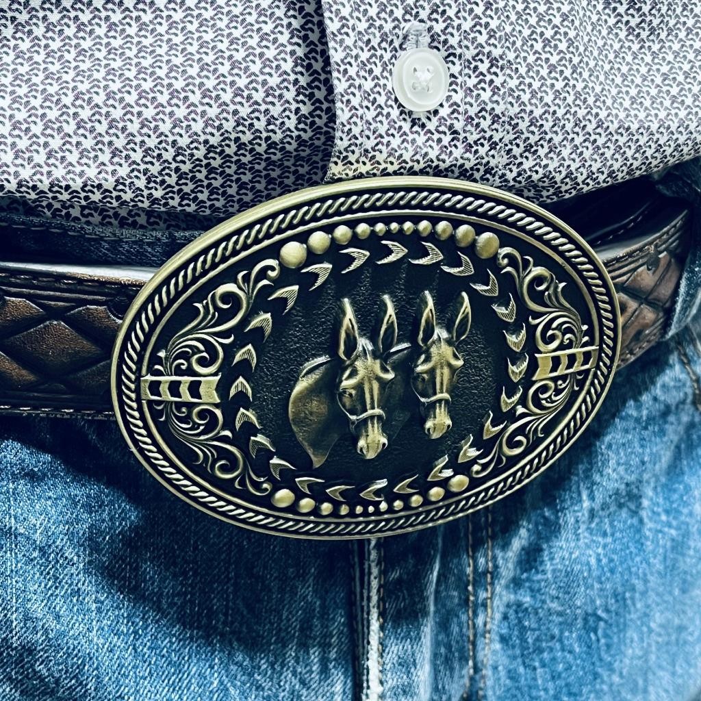 Montana Silversmiths Attitude Twin Mules Western Oval Antique Brass Belt Buckle