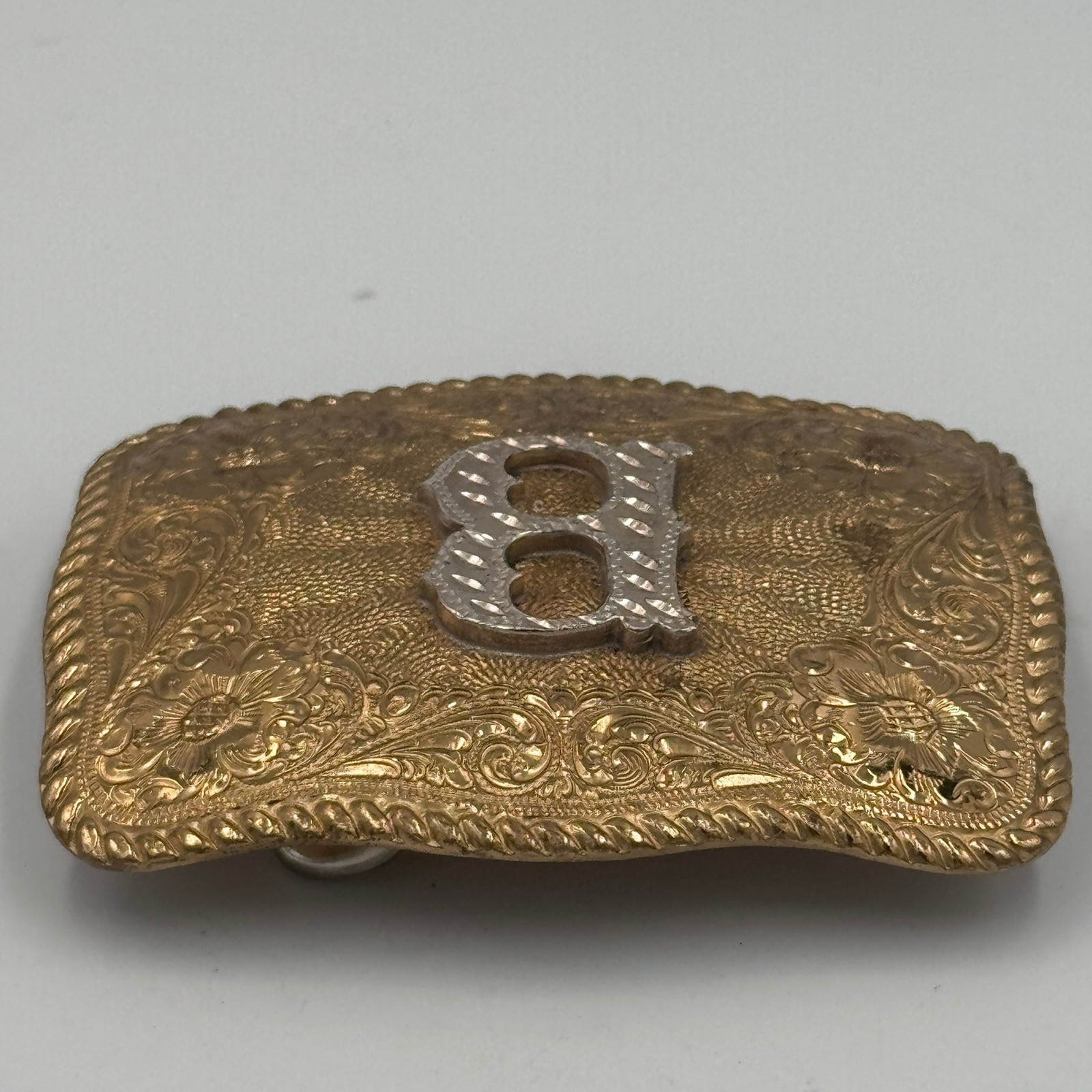 Crumrine El Arturo Bronze Western Belt Buckle Floral Engraved Initial B Vintage