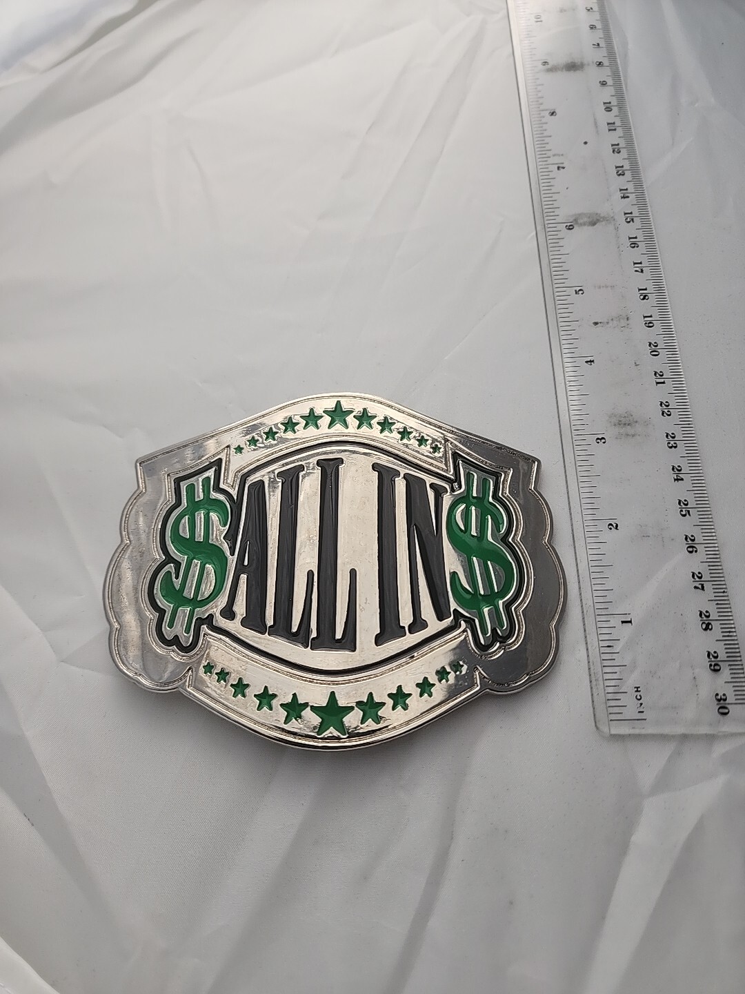 ALL IN Text Dollar Signs Novelty Belt Buckle Silver Tone Money Gambling
