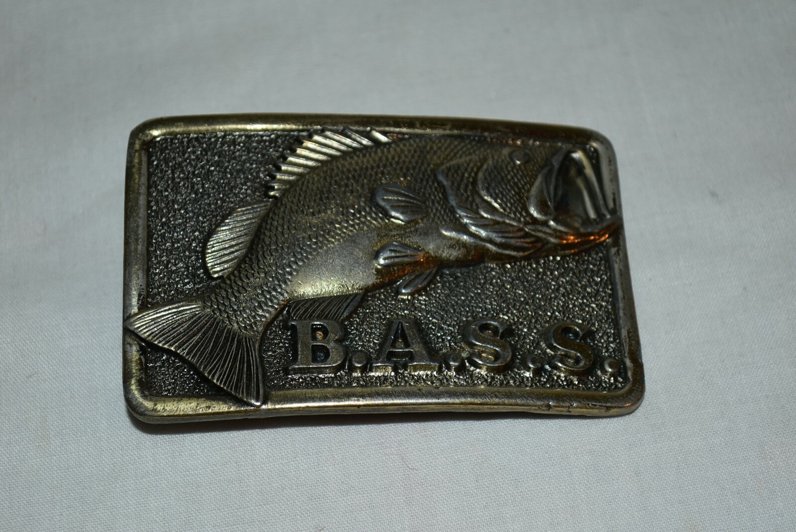 SOLID Brass Bass Anglers Sportsman Society BASS Jumping BELT BUCKLE EUC