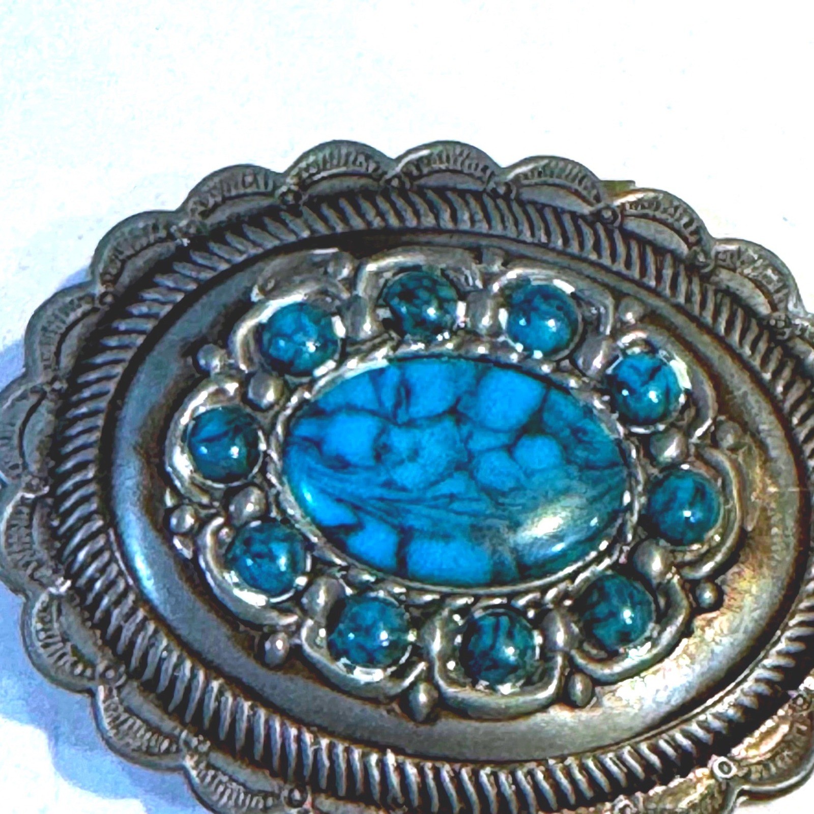 Western Silver Tone Faux Turquoise Scalloped Oval Belt Buckle Southwestern Boho