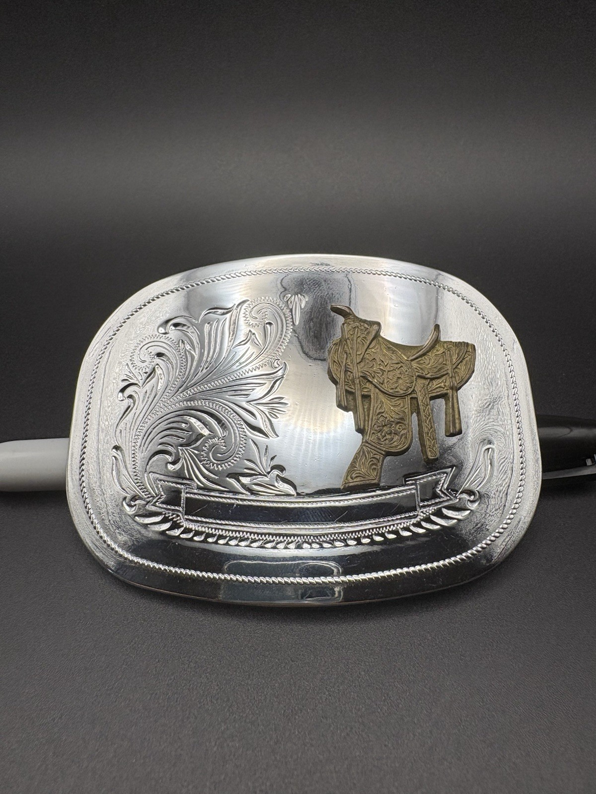 Silver Tone Engraved Western Cowboy Belt Buckle With 3D Bronze Tone Saddle
