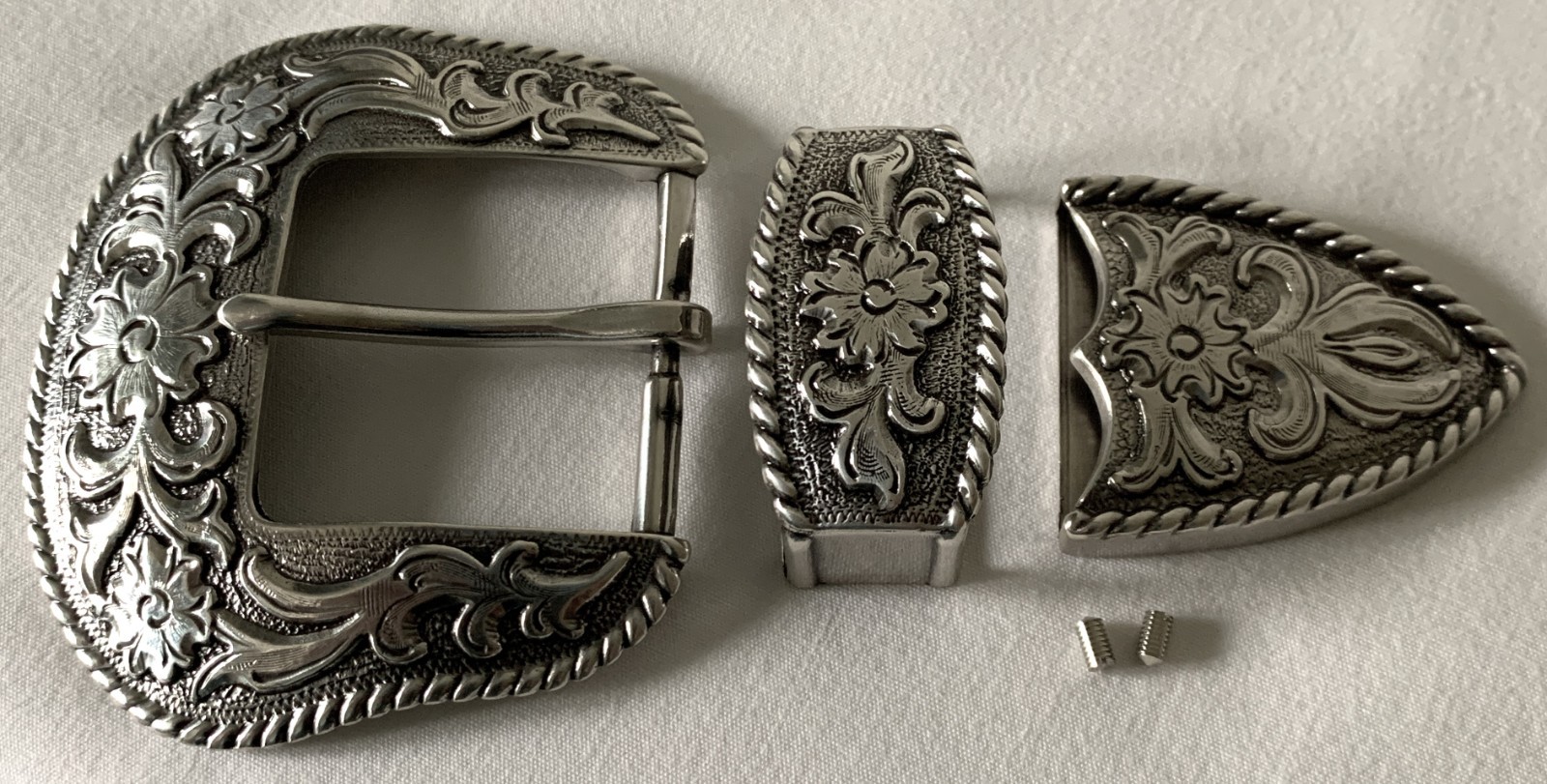 BELT BUCKLES 3pc Buckle Set 1.5 inch Western Floral Scroll Rope Edge Silver NWOT