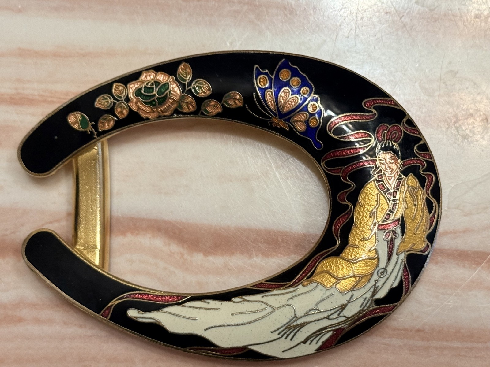 Cloisonne Enamel Buckle Asian Woman Butterfly Floral Goldtone