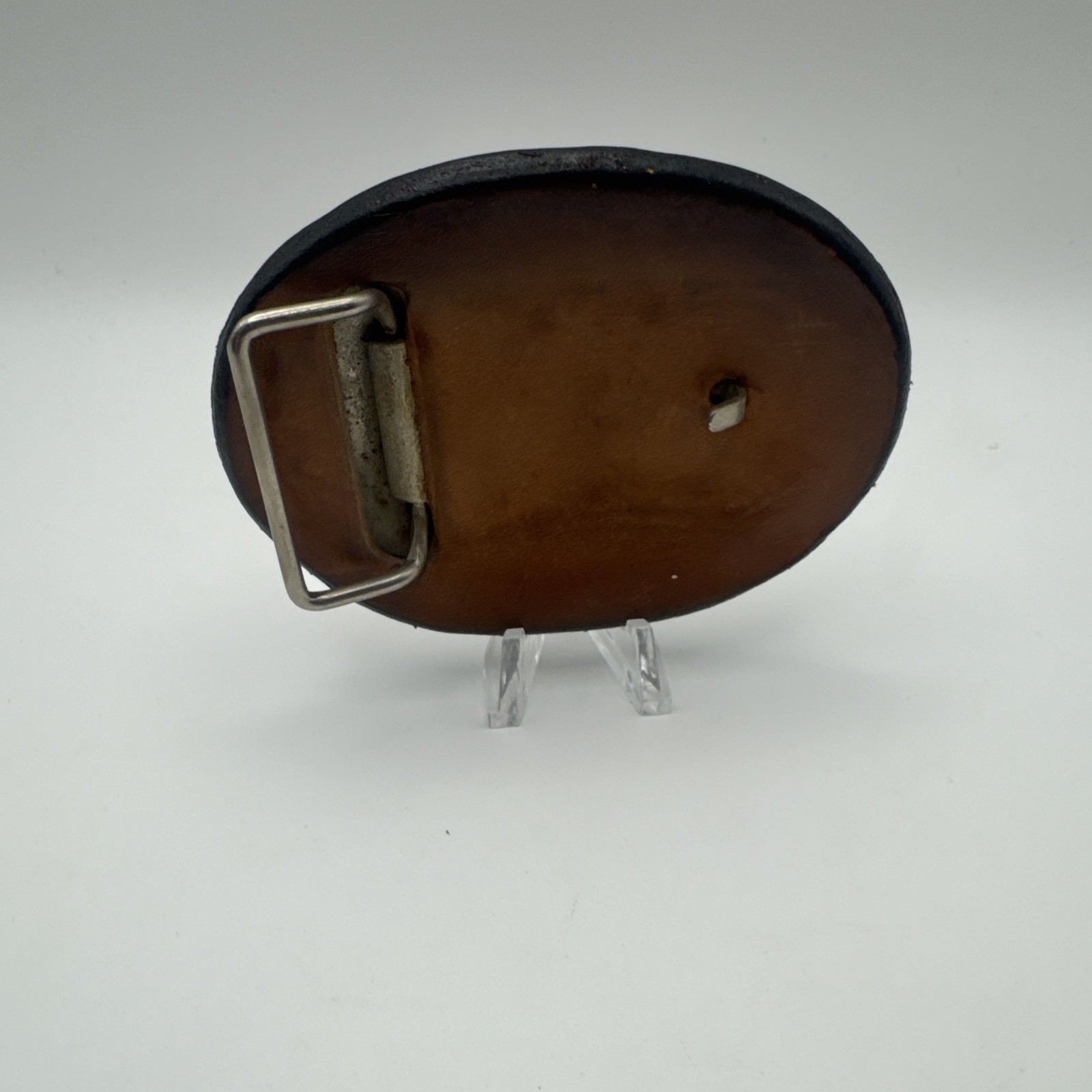 Vtg Texas Longhorn Belt Buckle Leather laced tooled 3 3/4&Prime; X 2 3/4&Prime; Western