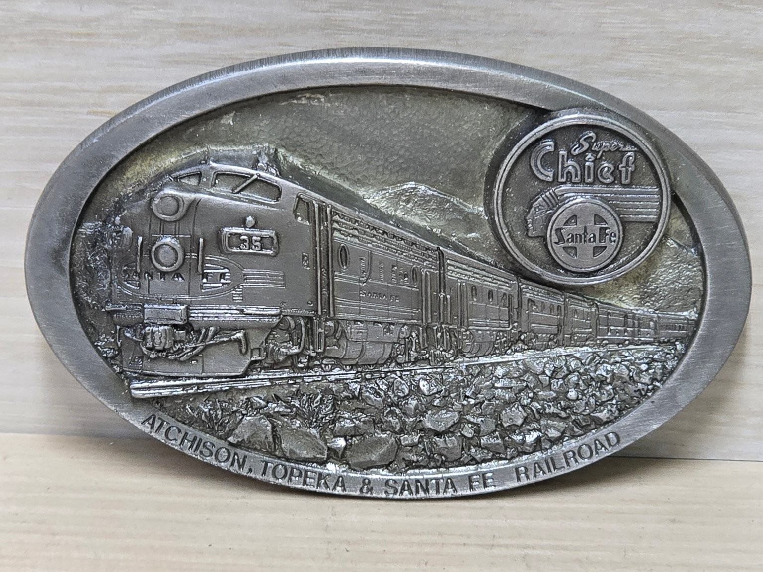 Vintage C&J INC. 1983 Belt Buckle Silver Tone 3.5&Prime; Oval Super Chief Santa Fe