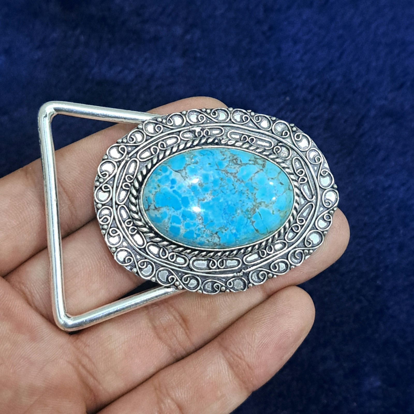 Natural Turquoise Silver Plated Belt Buckle Handmade Blue Gemstone Western Boho