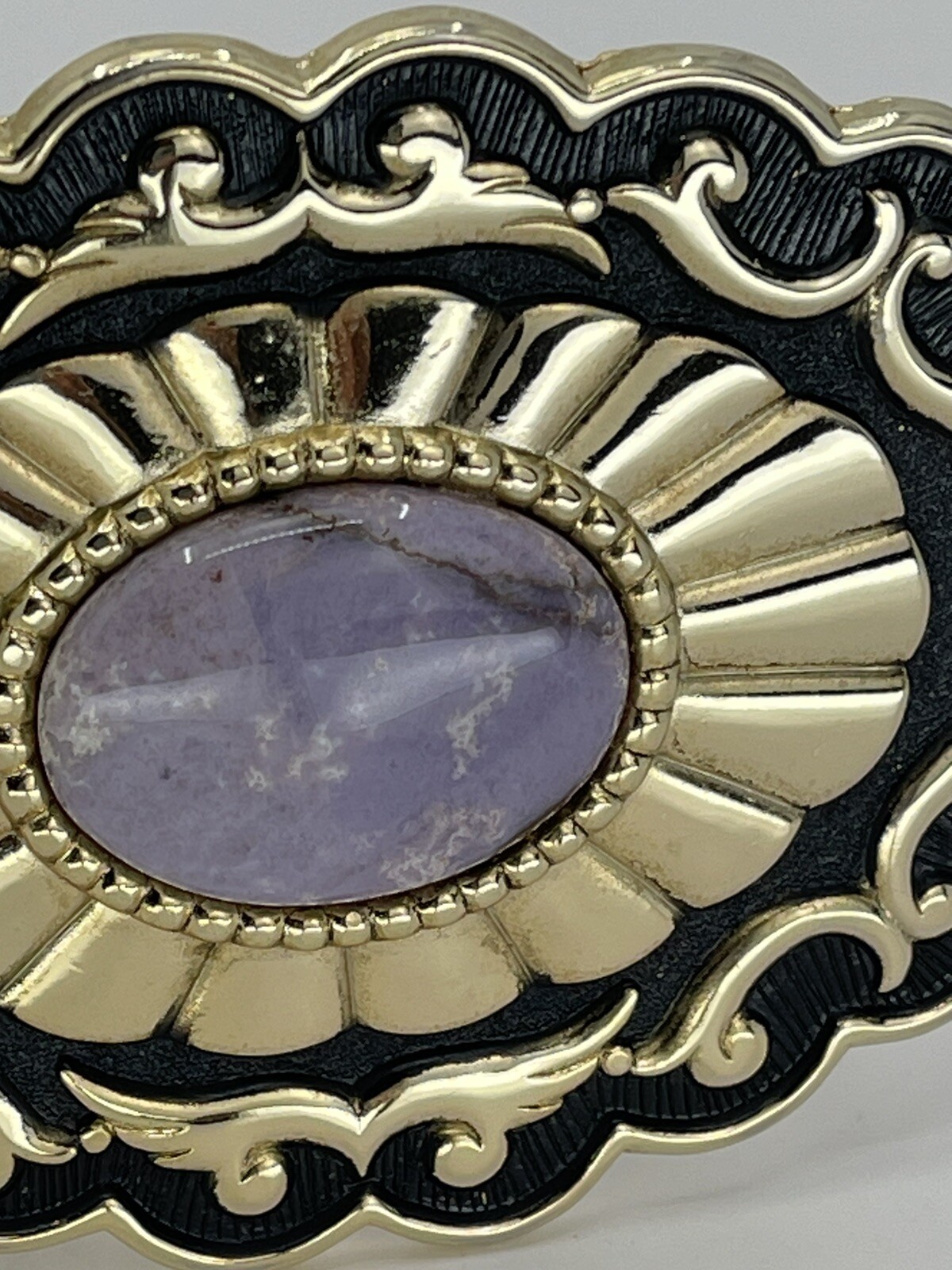 Belt Buckle Lavender Jade Cabochon oval gold tone black enamel background