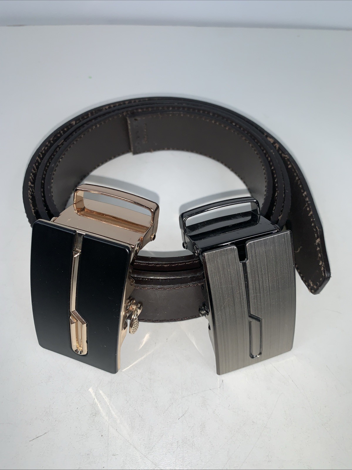 AU Mens Belts Automatic Gold & Silver Buckles Black Leather Ratchet Work Belt