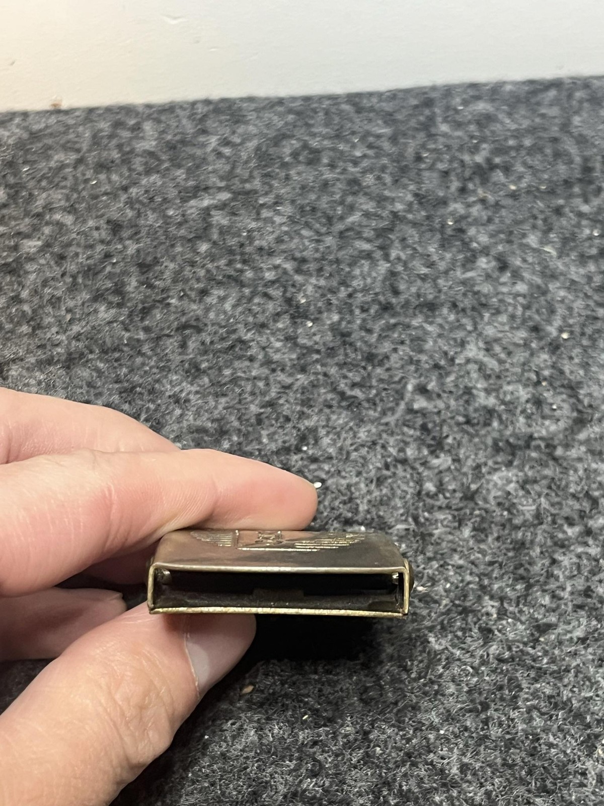 Vintage OshKosh Belt Buckle Mens Gold Brass Rectangular Clamp Logo Made In USA