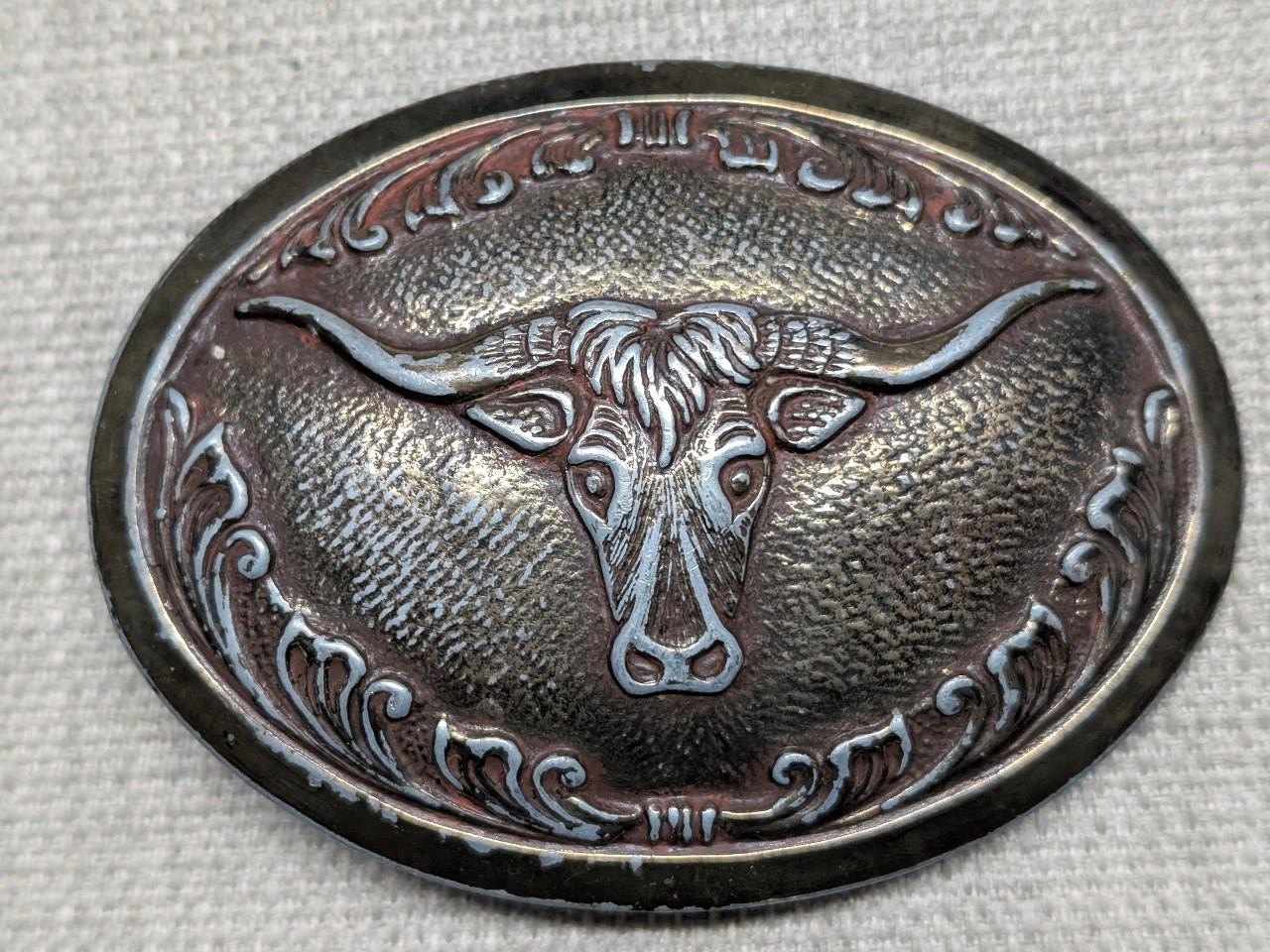 vintage 1970s belt buckle BRASS copper STEER bull texas WESTERN cowboy rodeo